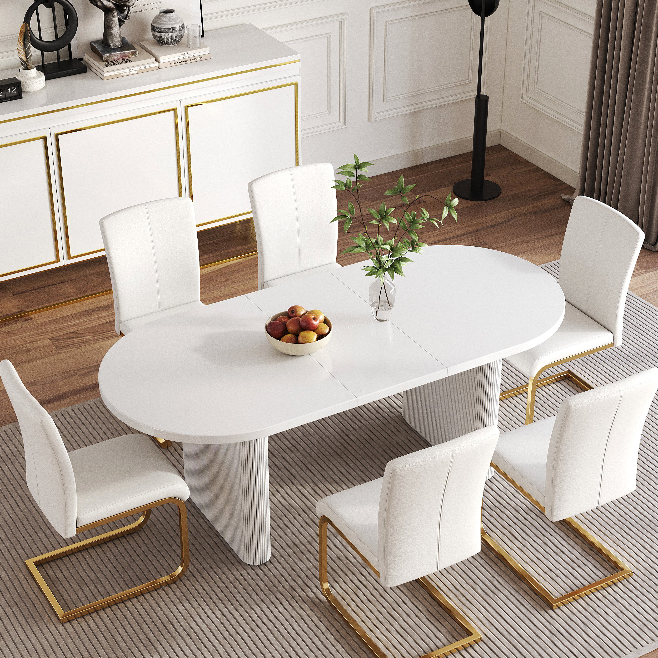 HMR Japandi Oval Extendable Dining Table - White, 63"-79" (seats 4-6)