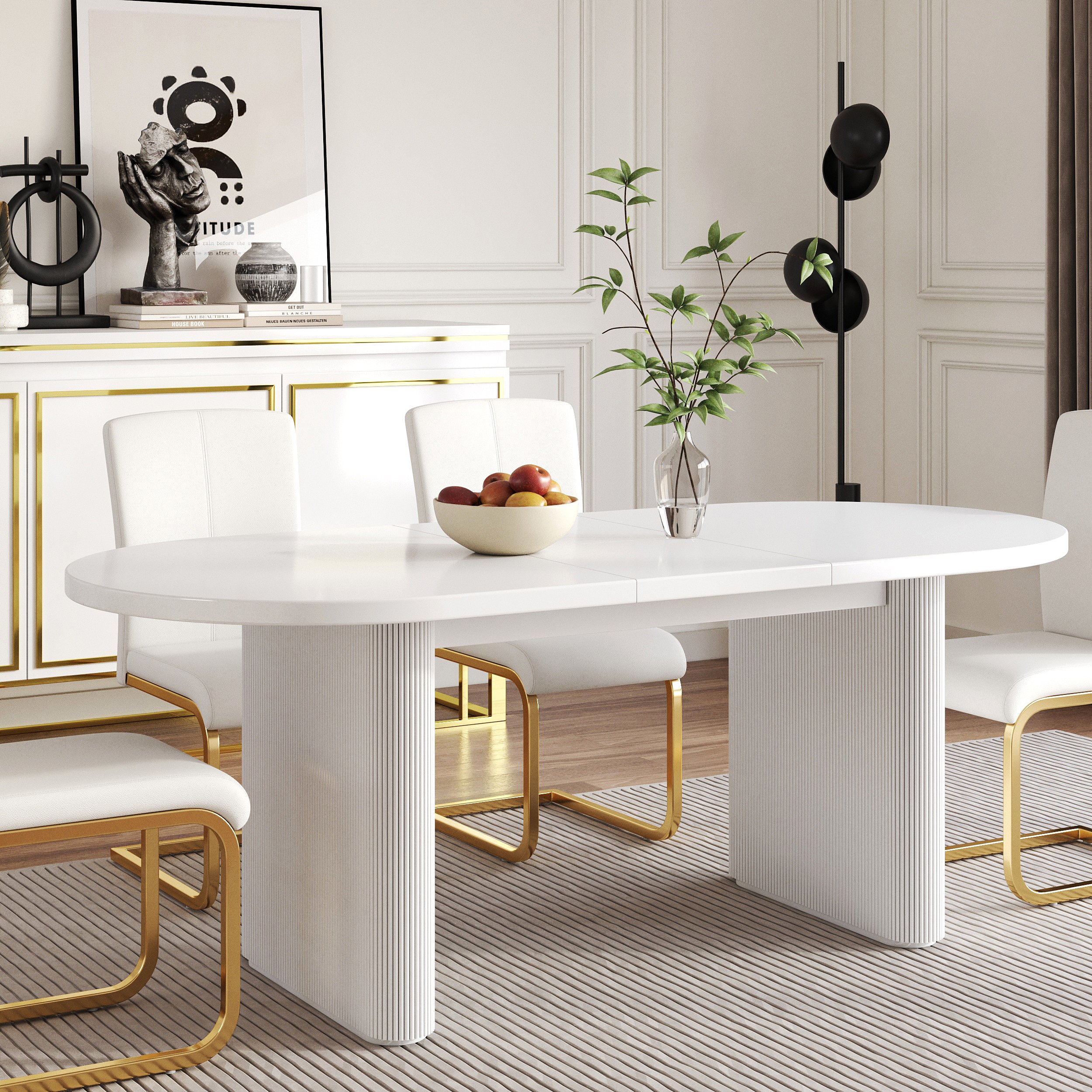 HMR Japandi Oval Extendable Dining Table - White, 63"-79" (seats 4-6)