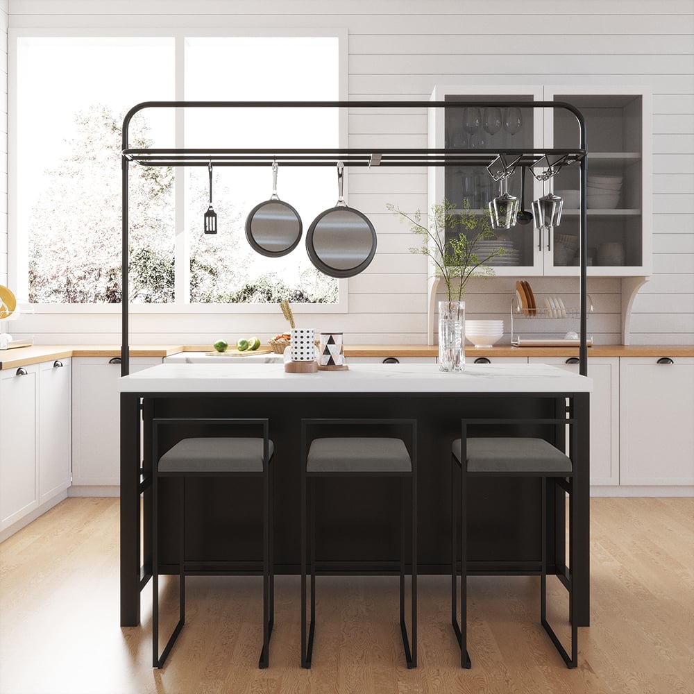 HMR - 64'' Black Kitchen lsland with Pot Rack Marble Pattern Kitchen Cabinet with Storage