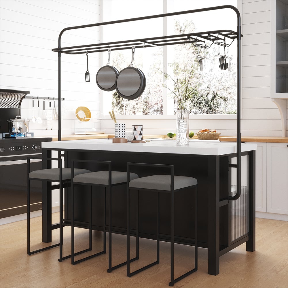 HMR - 64'' Black Kitchen lsland with Pot Rack Marble Pattern Kitchen Cabinet with Storage