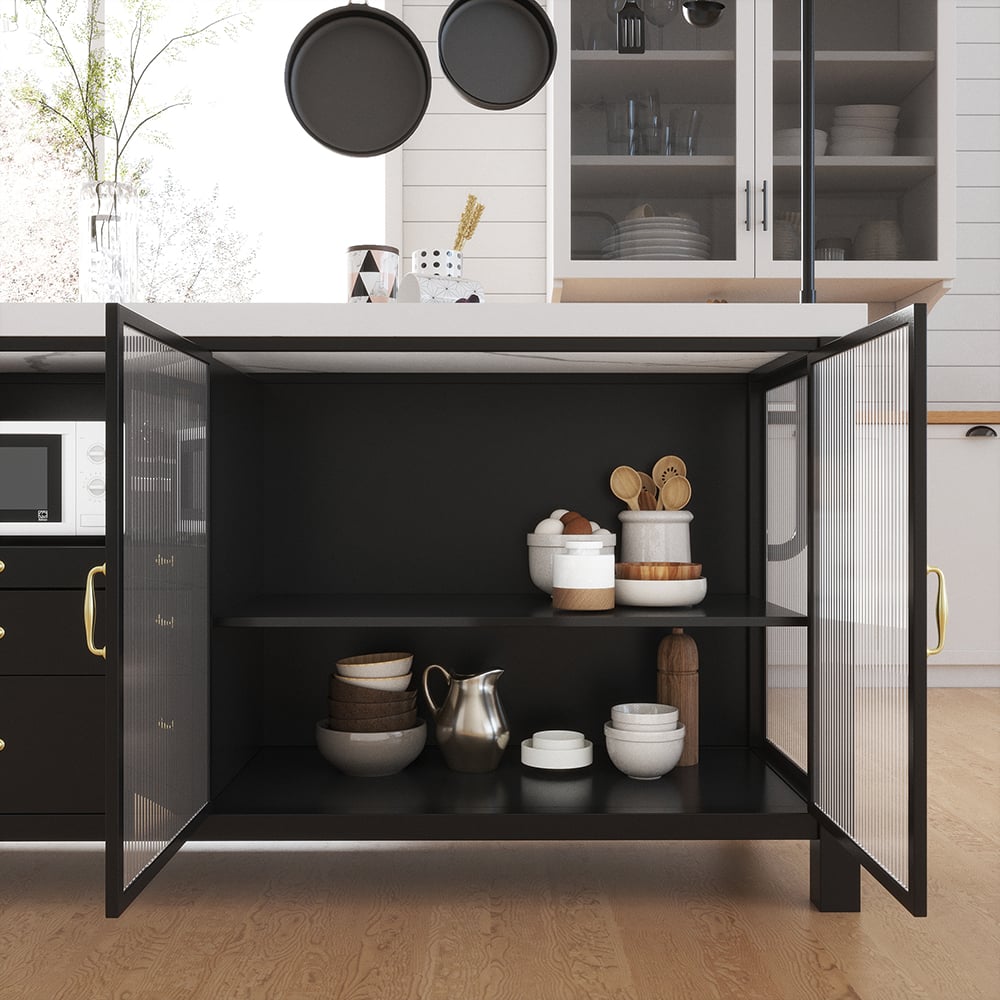 HMR - 64'' Black Kitchen lsland with Pot Rack Marble Pattern Kitchen Cabinet with Storage