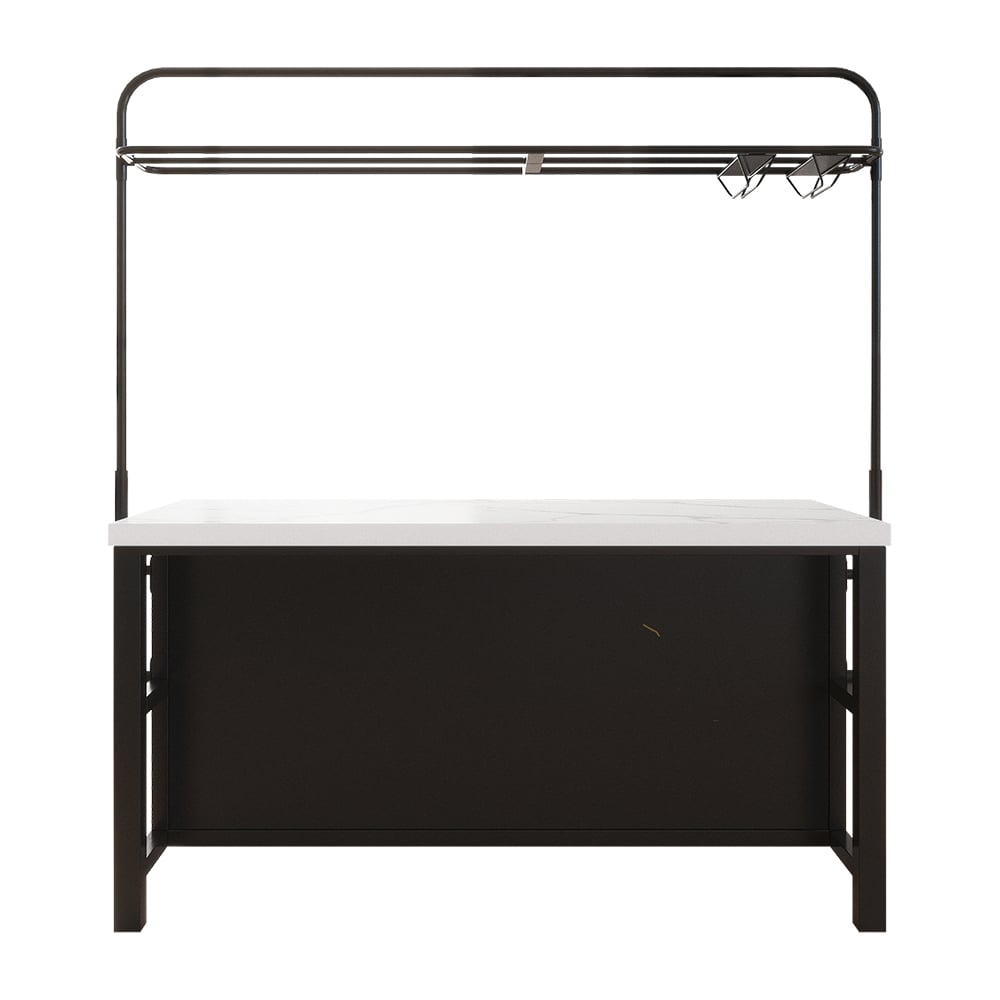 HMR - 64'' Black Kitchen lsland with Pot Rack Marble Pattern Kitchen Cabinet with Storage