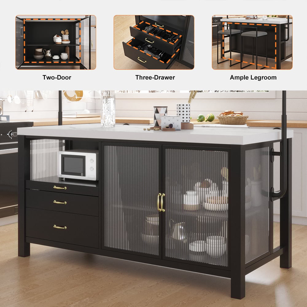 HMR - 64'' Black Kitchen lsland with Pot Rack Marble Pattern Kitchen Cabinet with Storage
