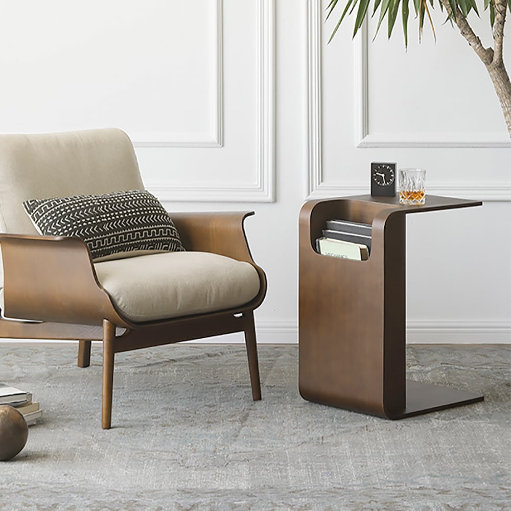 HMR C-Shaped Convertible Wood Side Table with Storage - Walnut