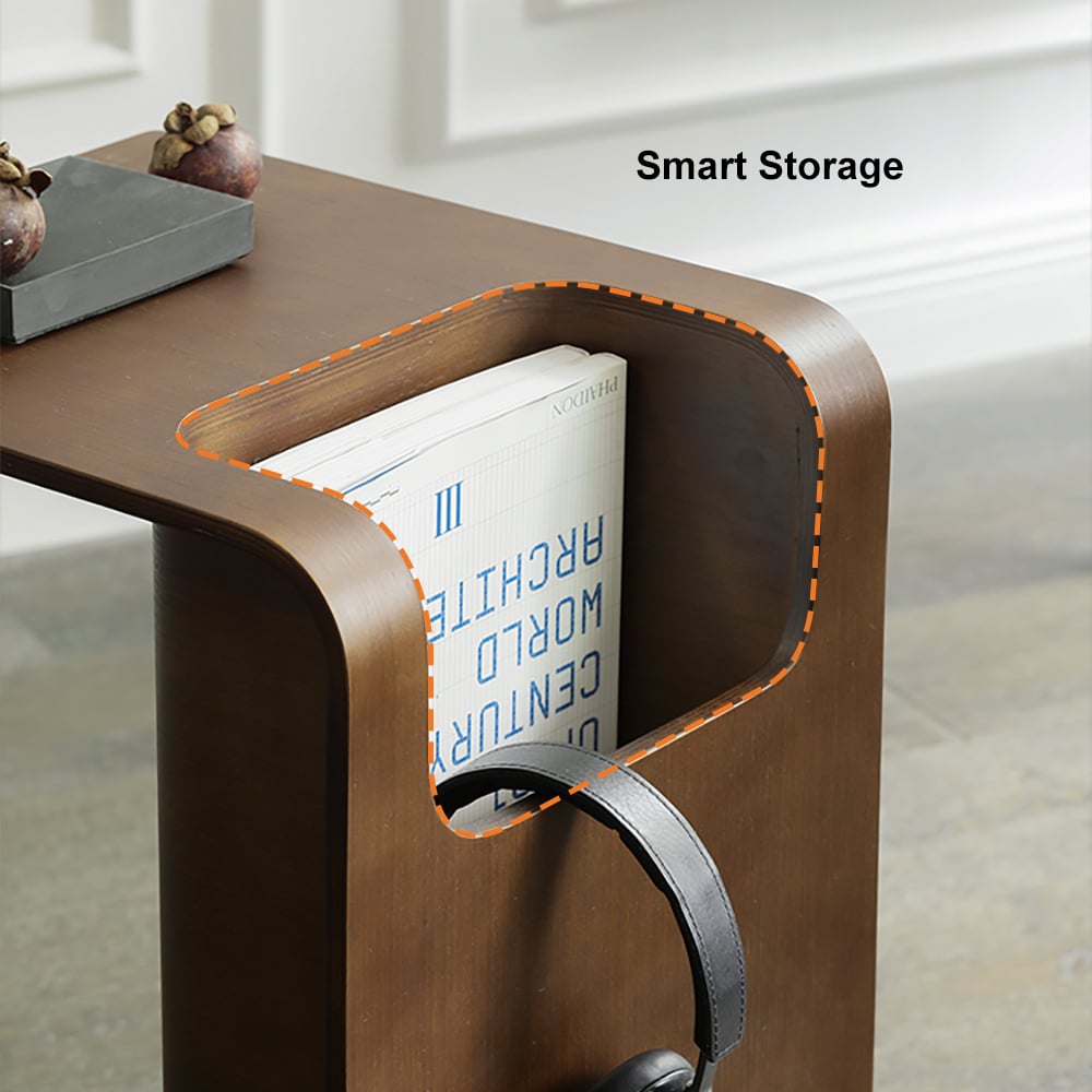 HMR C-Shaped Convertible Wood Side Table with Storage - Walnut