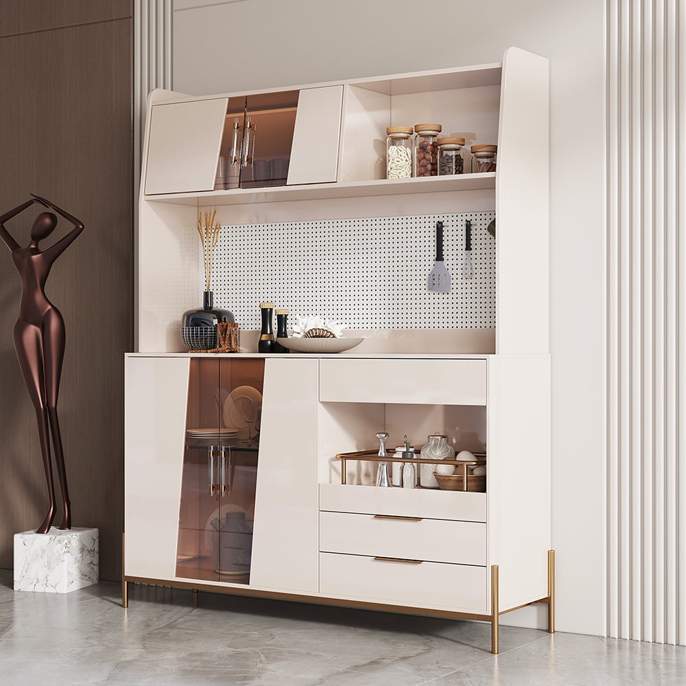 HMR - Dolawn 57" Light Khaki Freestanding Kitchen Pantry Hutch Tall Storage Adjustable Shelf