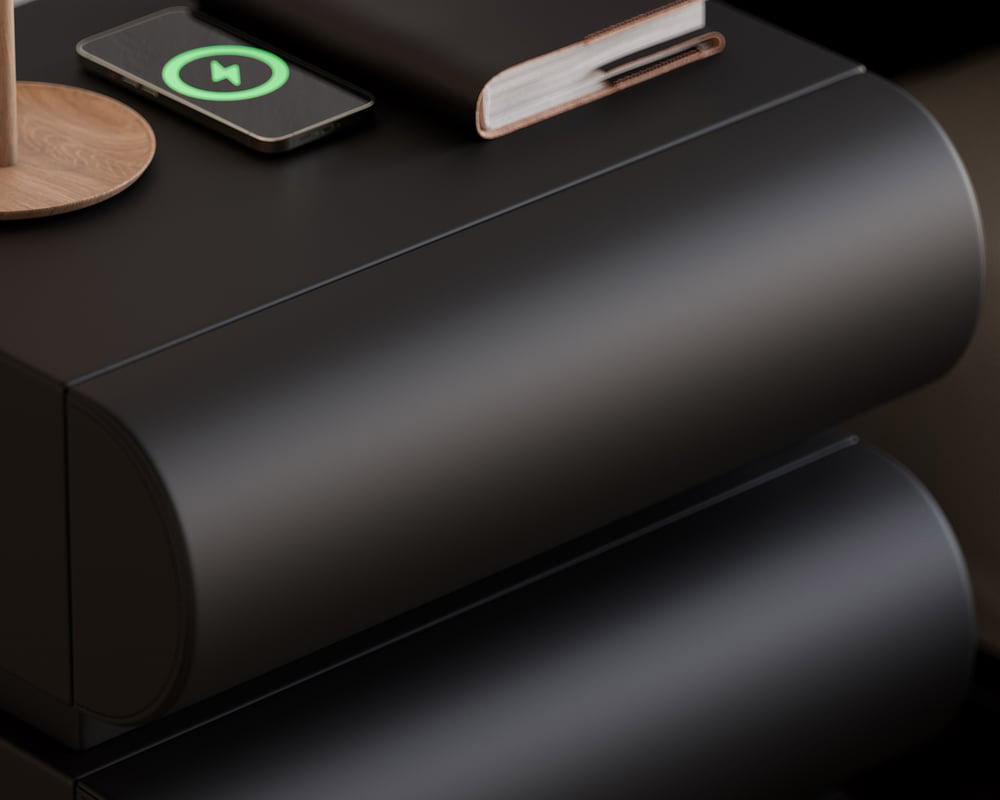 HMR Humply Modern Leather Smart Nightstand with Wireless Charger Drawers - Black, 3-Drawer, Single