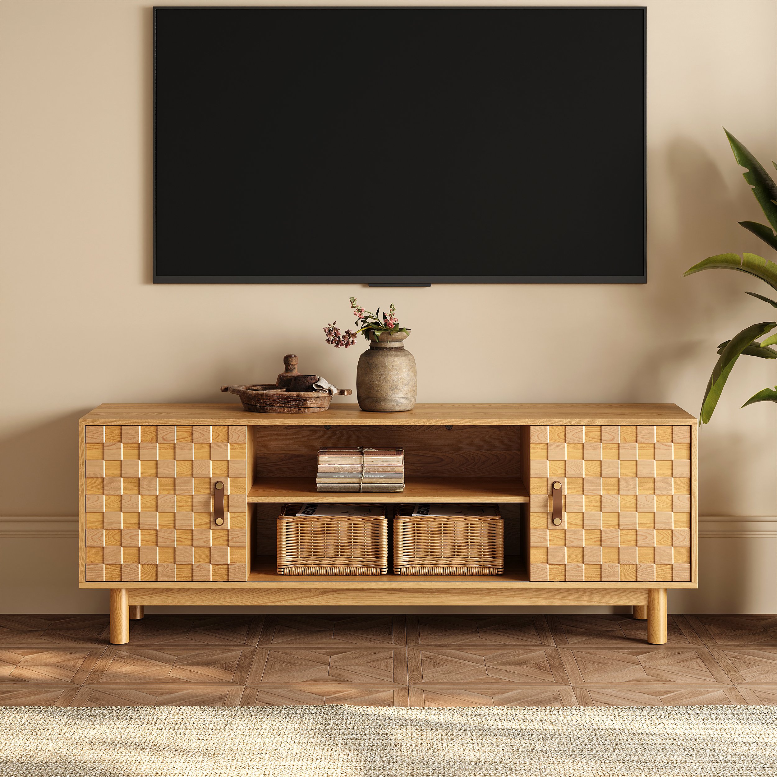 HMR - 62.2" Natural Wood Mid Century TV Stand with Storage