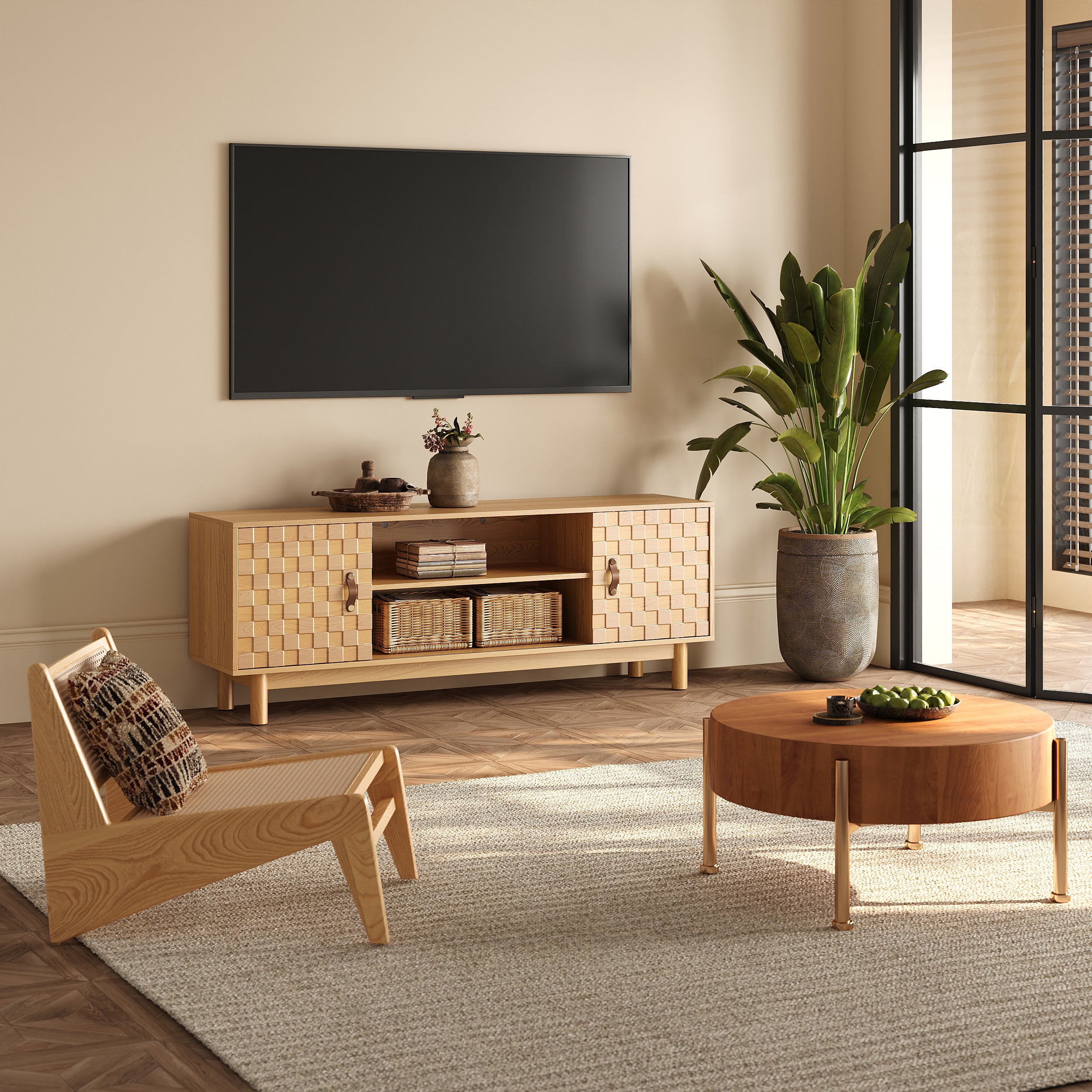 HMR - 62.2" Natural Wood Mid Century TV Stand with Storage