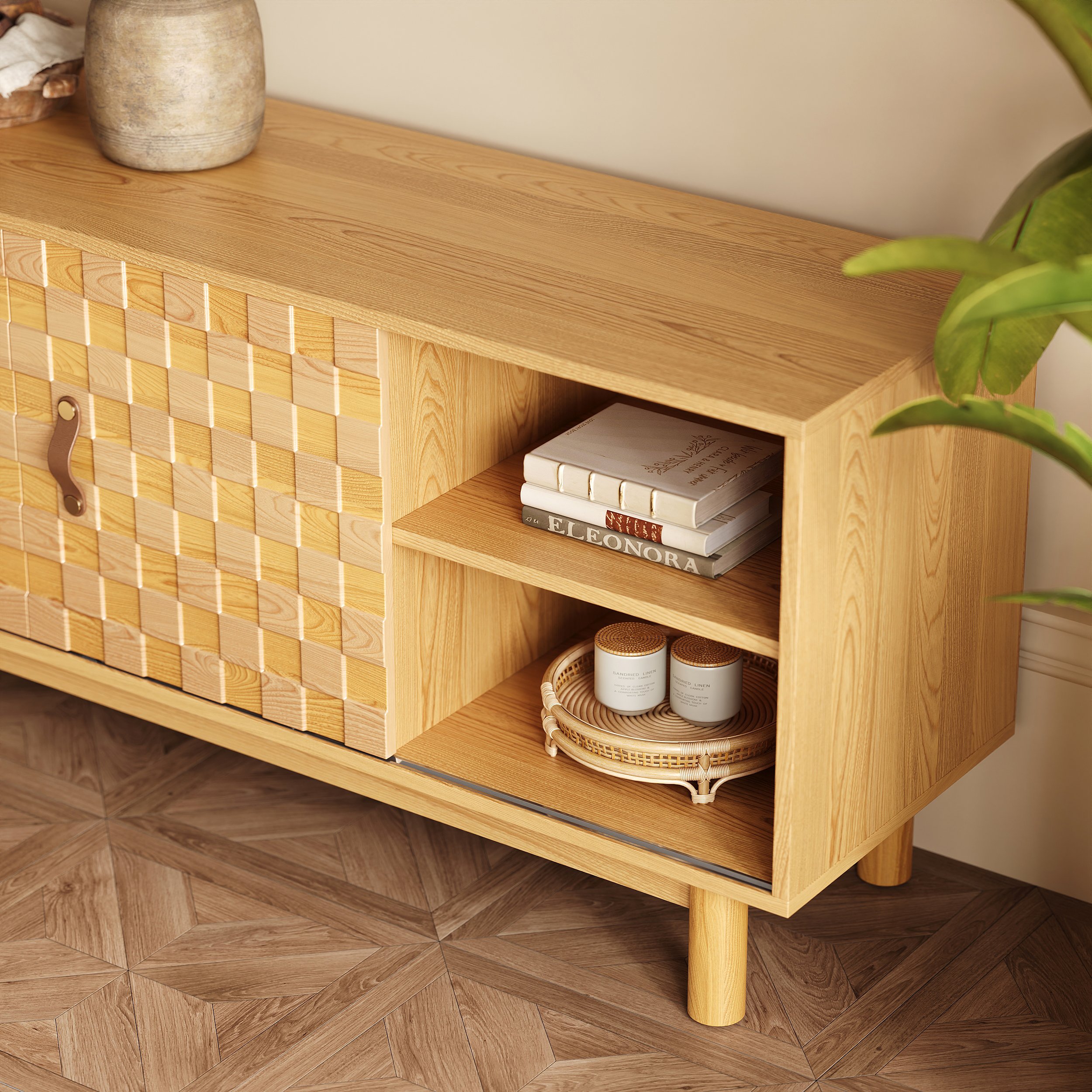 HMR - 62.2" Natural Wood Mid Century TV Stand with Storage