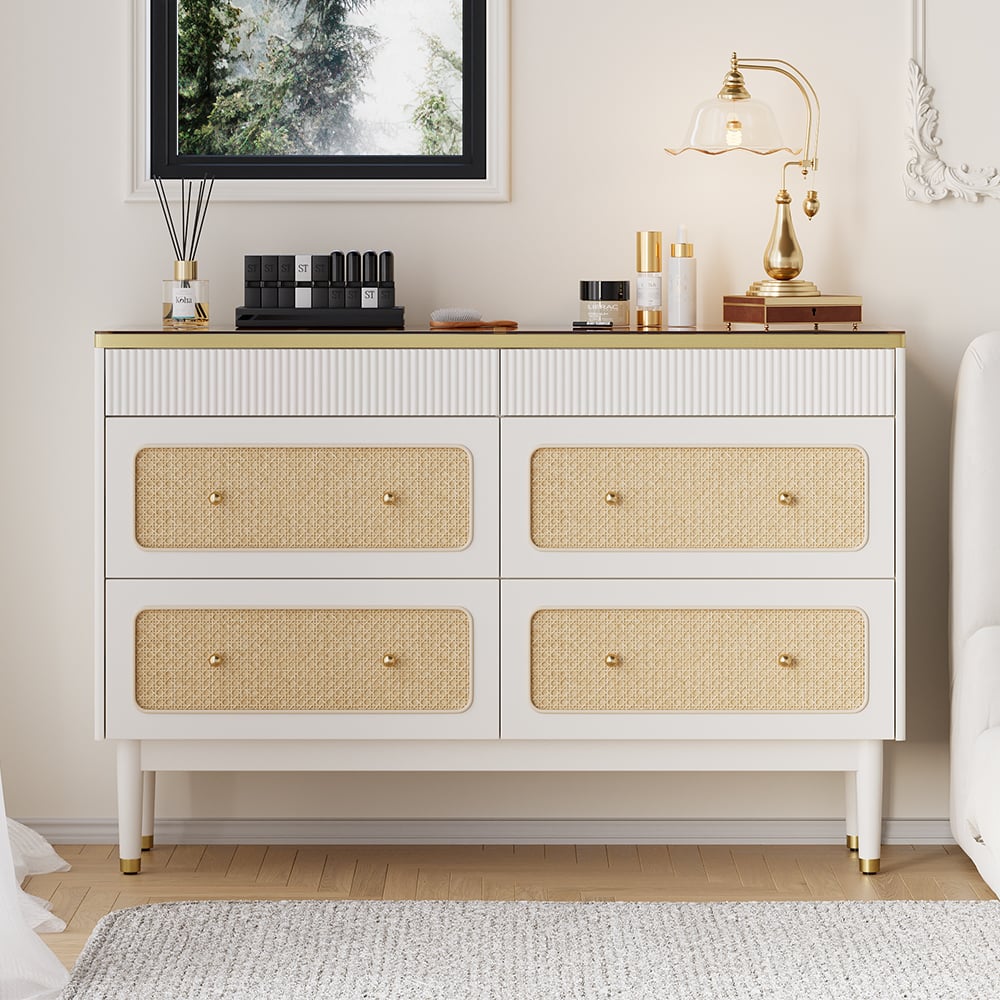 HMR - 47"W Rattan 6 Drawer Dresser & Chest with Jewelry Display Storage