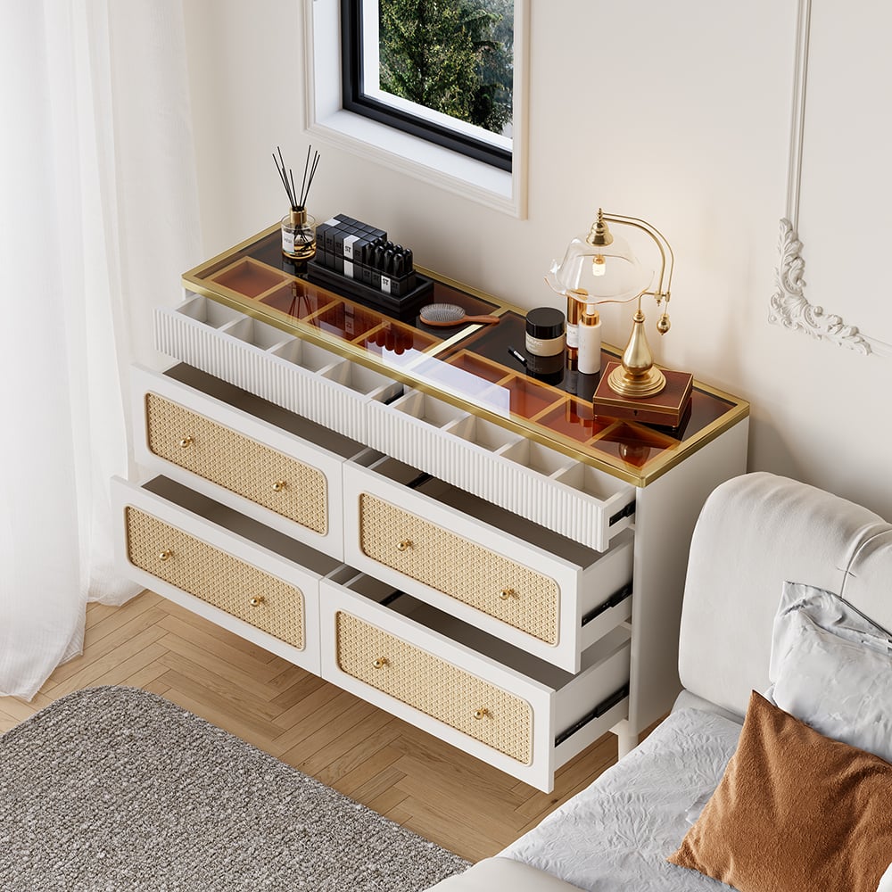 HMR - 47"W Rattan 6 Drawer Dresser & Chest with Jewelry Display Storage