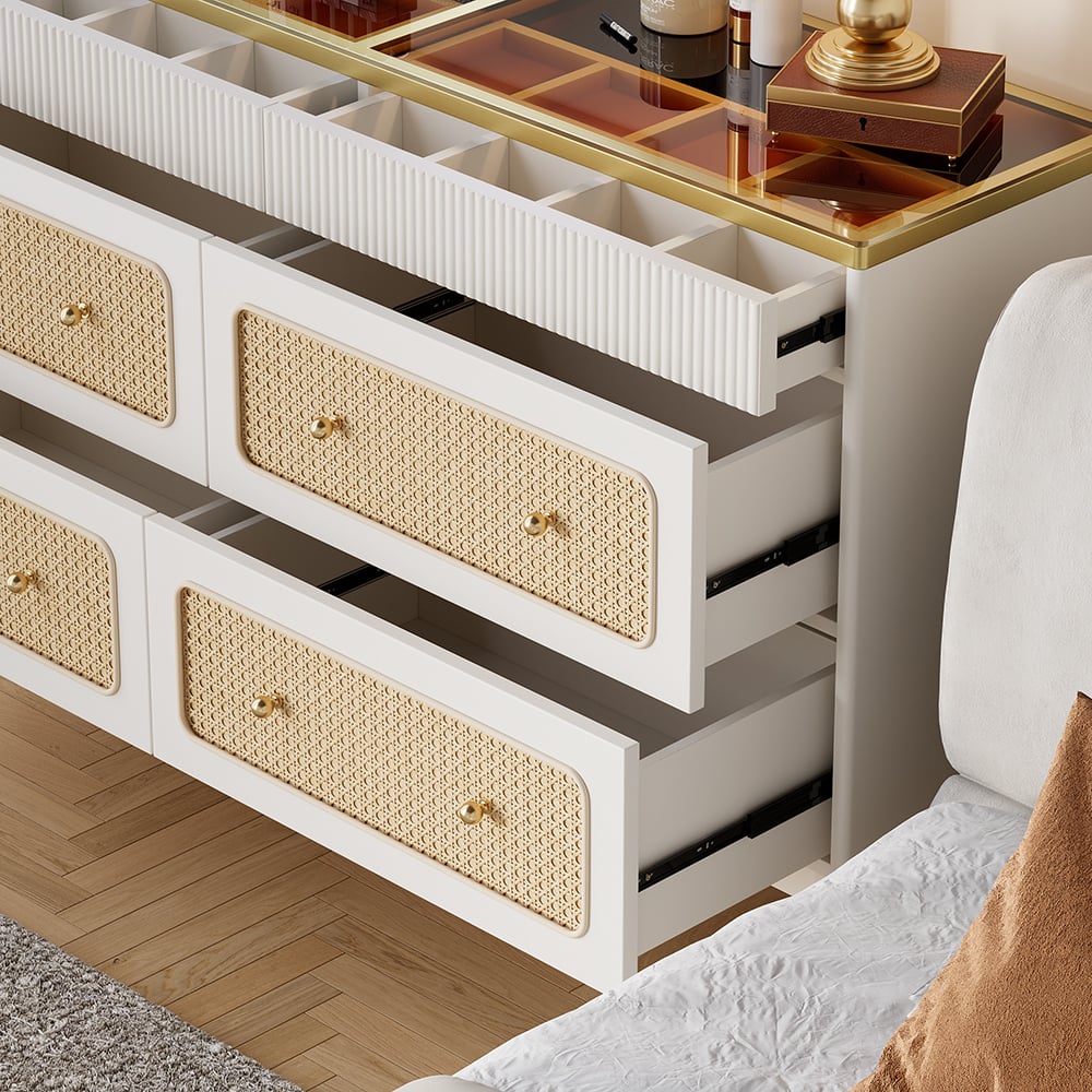 HMR - 47"W Rattan 6 Drawer Dresser & Chest with Jewelry Display Storage