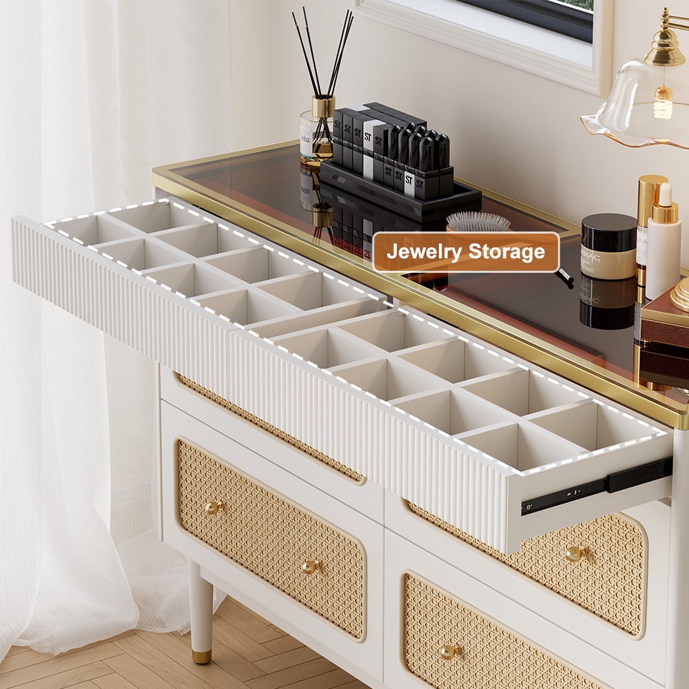 HMR - 47"W Rattan 6 Drawer Dresser & Chest with Jewelry Display Storage