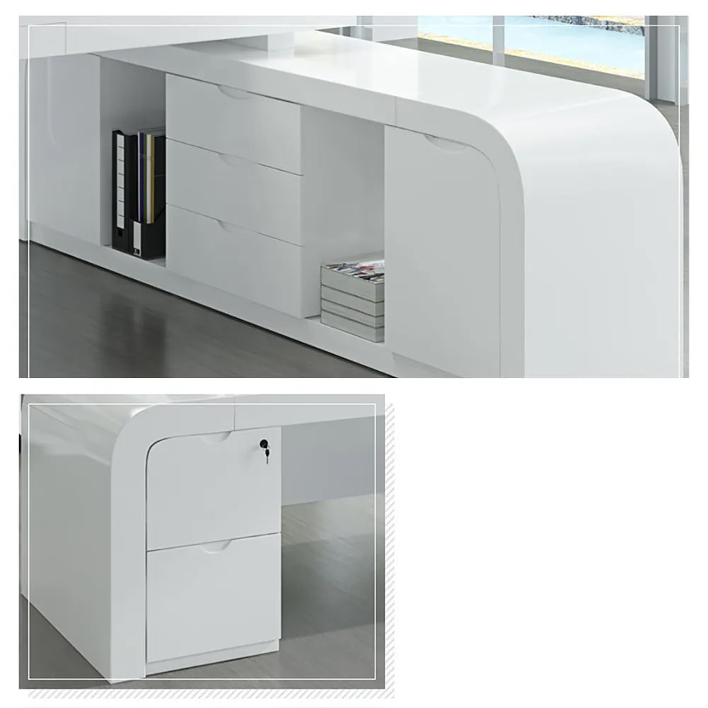 HMR L-shaped Modern Executive Desk & Reclining Leather Office Chair - White, 63.0"L x 63.0"W x 29.9"H, Left Hand