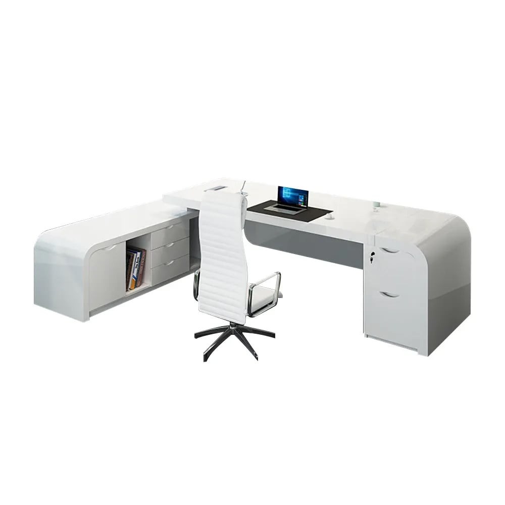 HMR L-shaped Modern Executive Desk & Reclining Leather Office Chair - White, 63.0"L x 63.0"W x 29.9"H, Left Hand