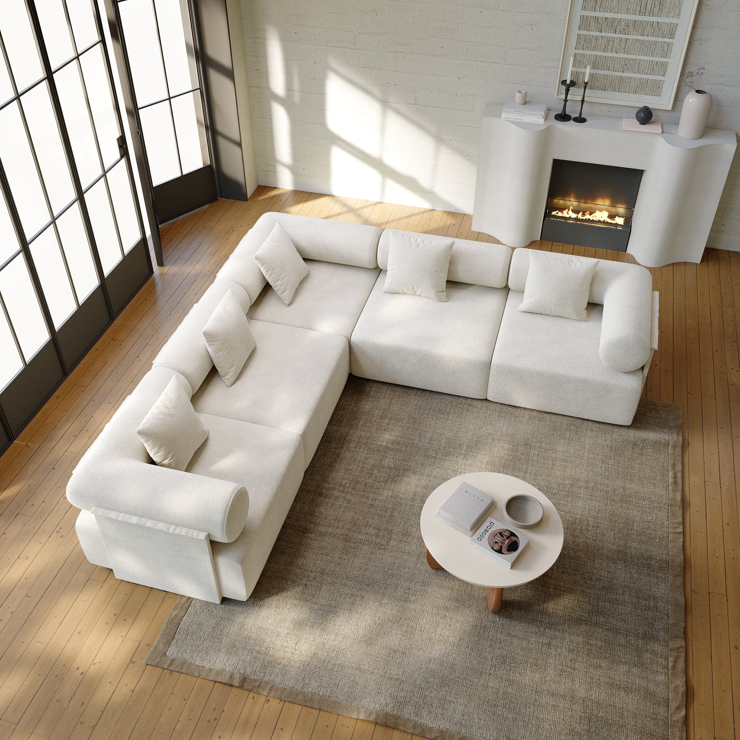 HMR 110" 5-Piece Modular White Velvet L-Shape Sectional Sofa & Wooden Coffee Table - Beige, Style A