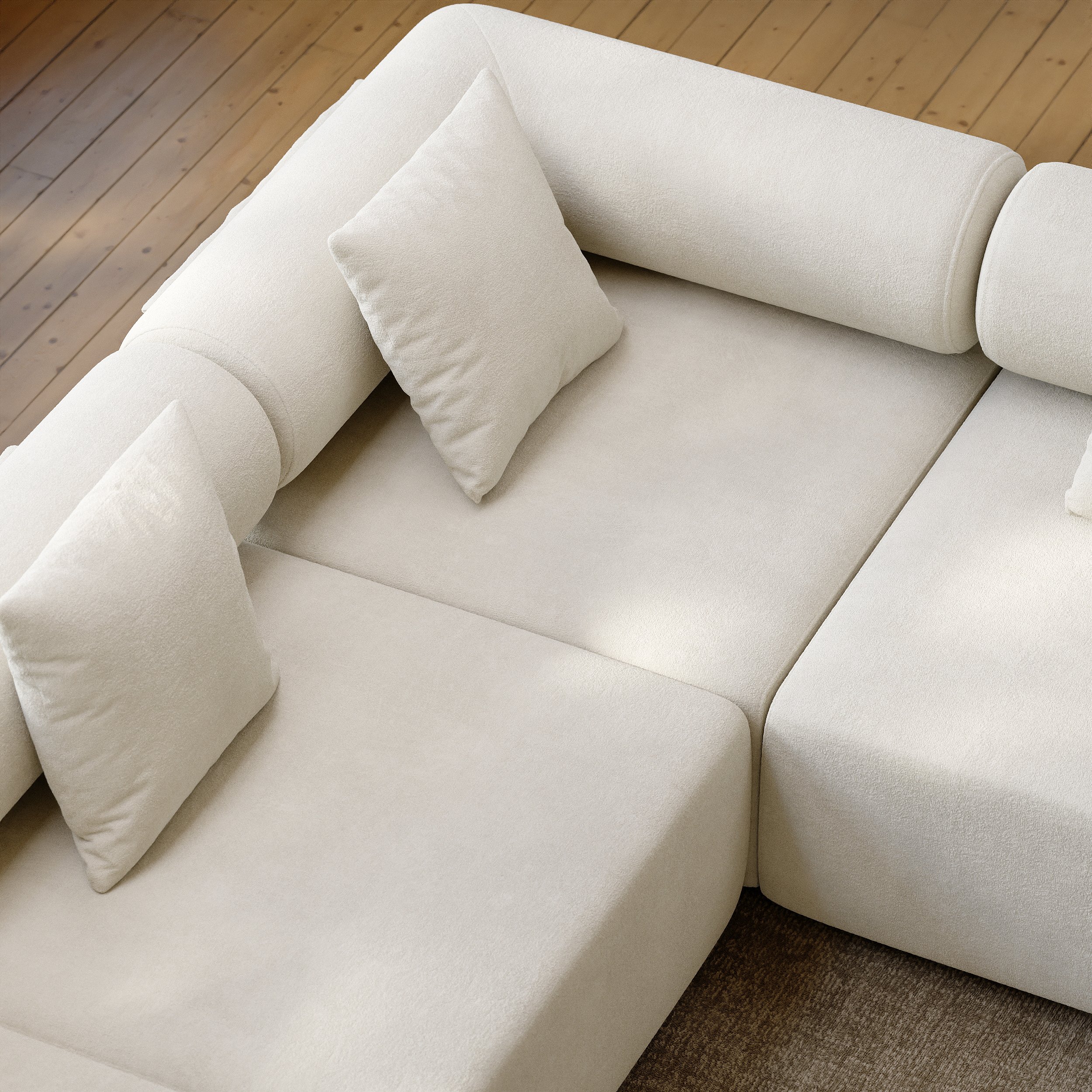 HMR 110" 5-Piece Modular White Velvet L-Shape Sectional Sofa & Wooden Coffee Table - Beige, Style A