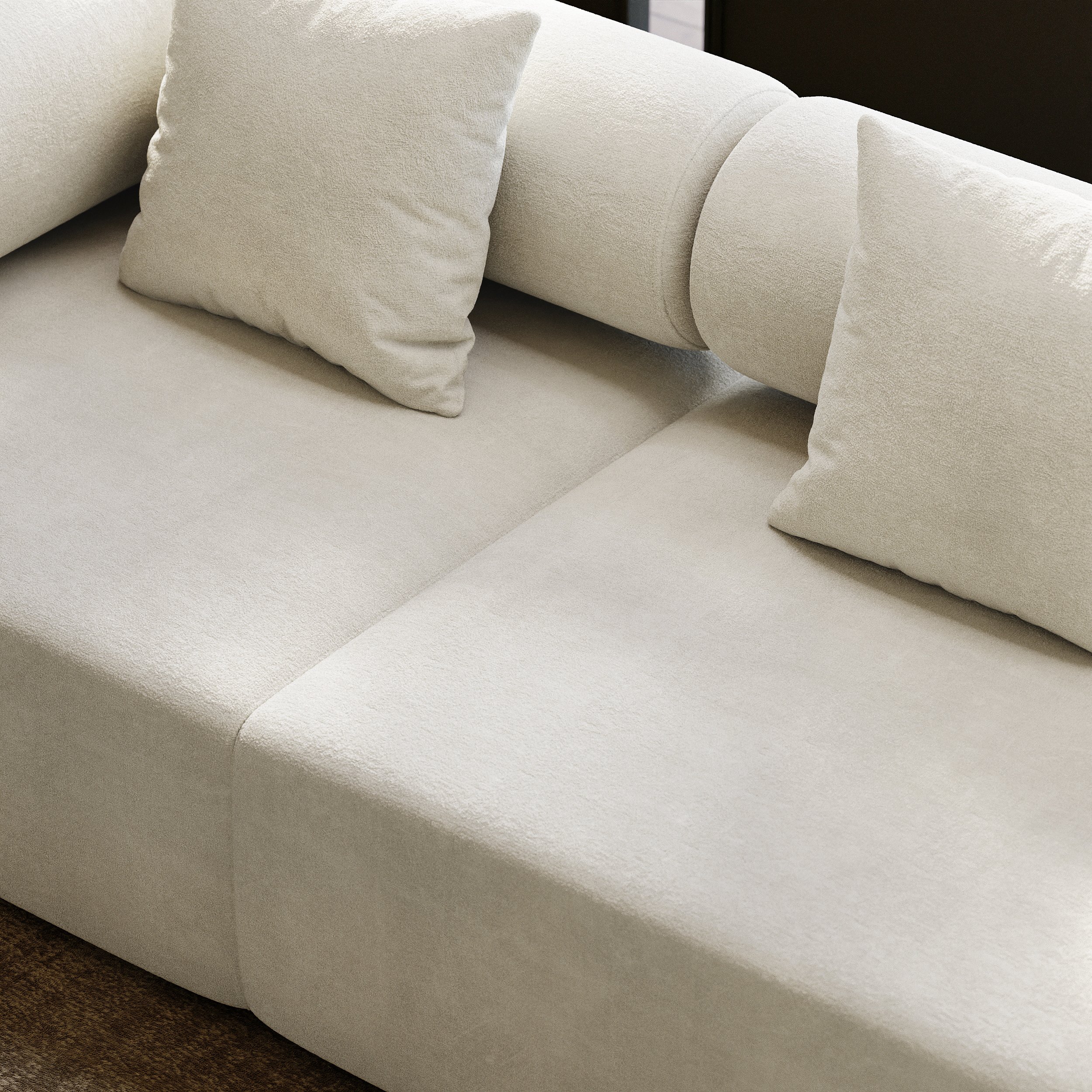 HMR 110" 5-Piece Modular White Velvet L-Shape Sectional Sofa & Wooden Coffee Table - Beige, Style A