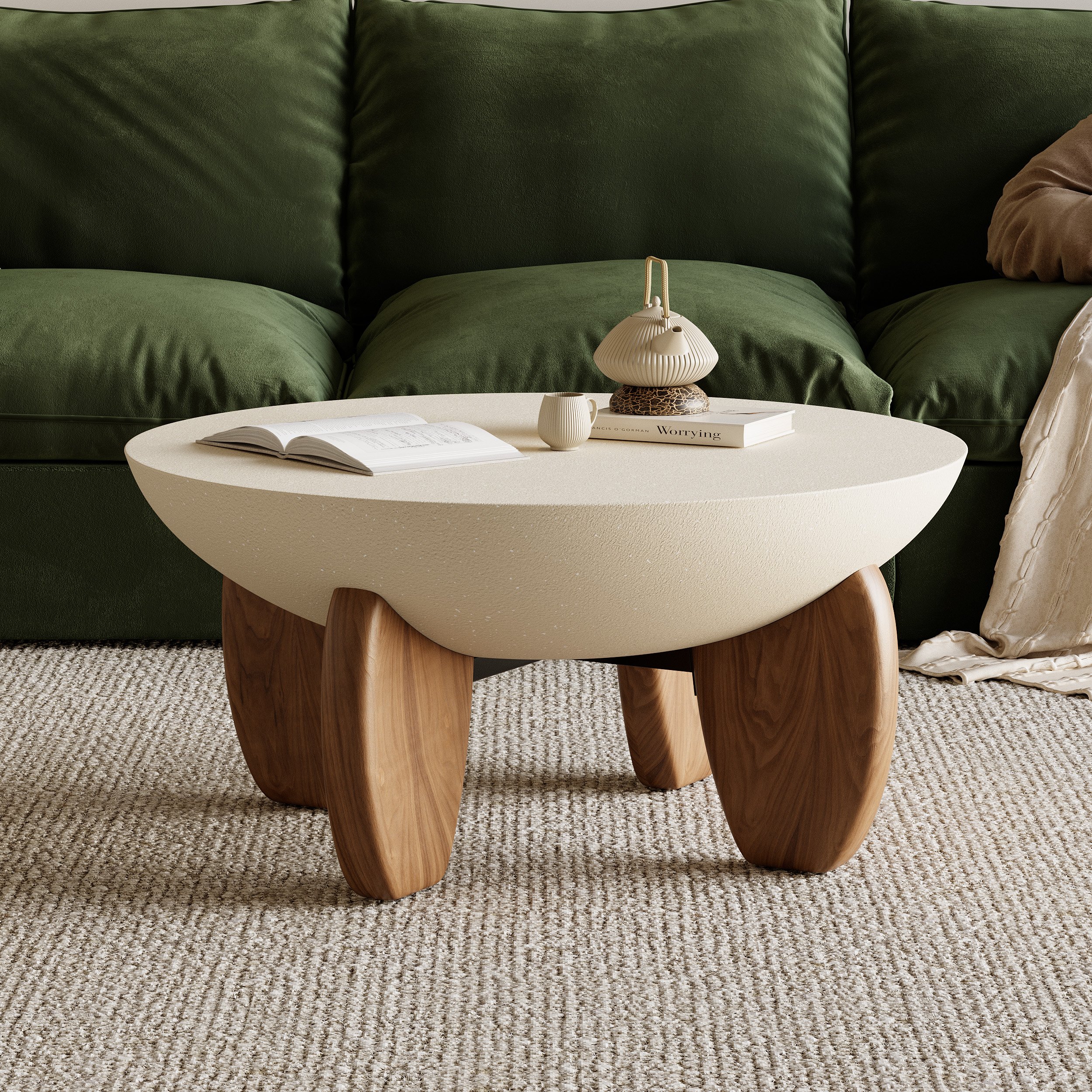 HMR 110" 5-Piece Modular White Velvet L-Shape Sectional Sofa & Wooden Coffee Table - Beige, Style A