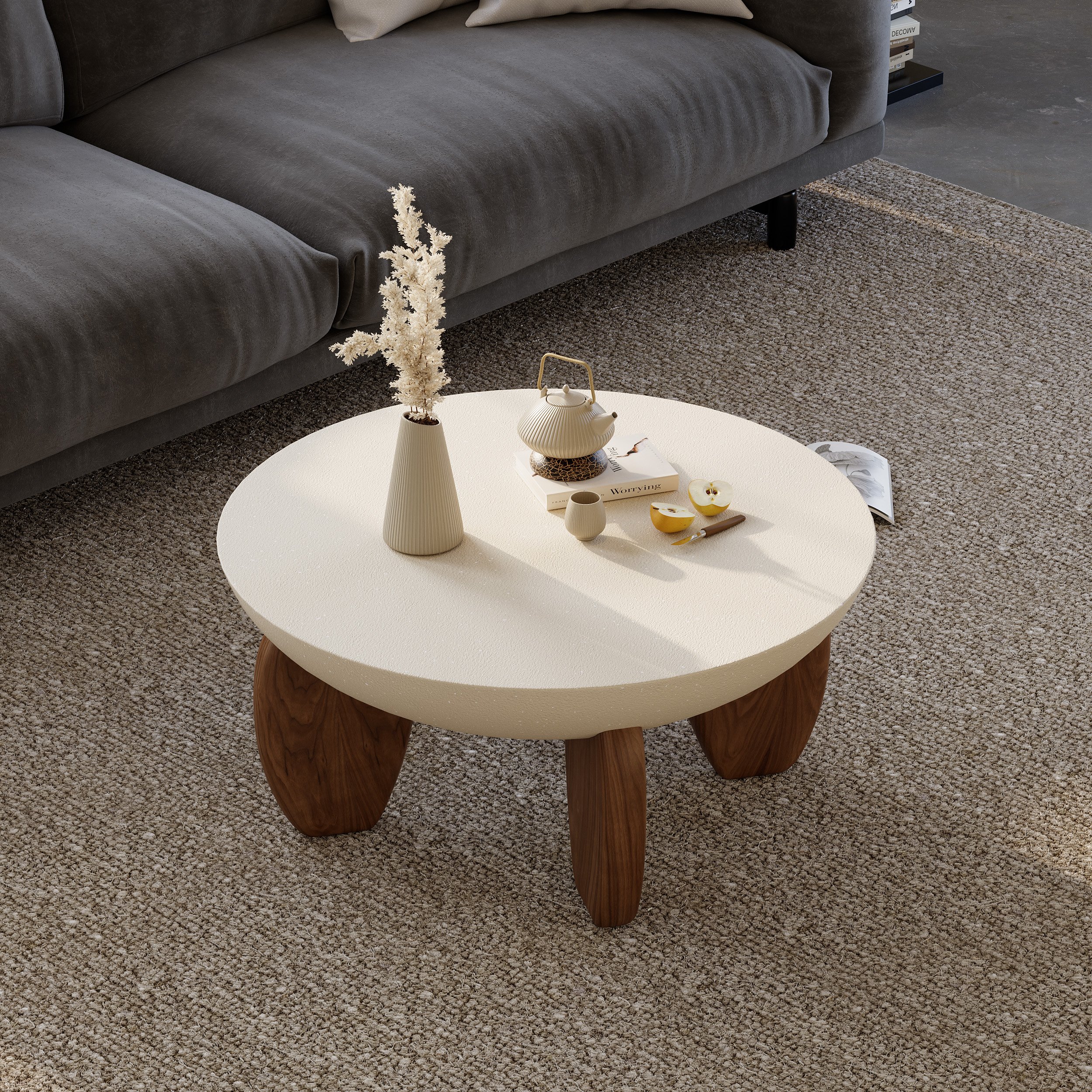 HMR 110" 5-Piece Modular White Velvet L-Shape Sectional Sofa & Wooden Coffee Table - Beige, Style A
