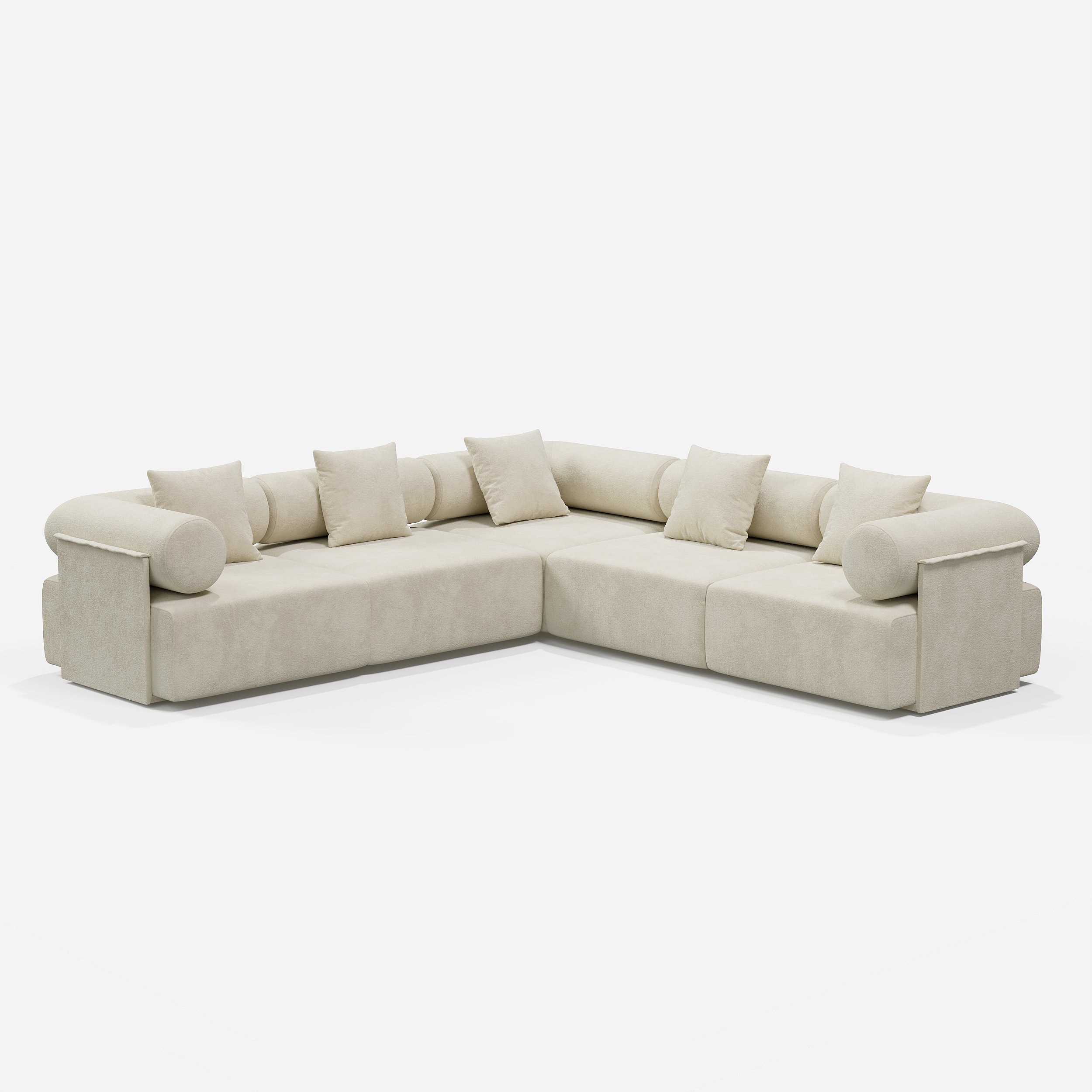HMR 110" 5-Piece Modular White Velvet L-Shape Sectional Sofa & Wooden Coffee Table - Beige, Style A
