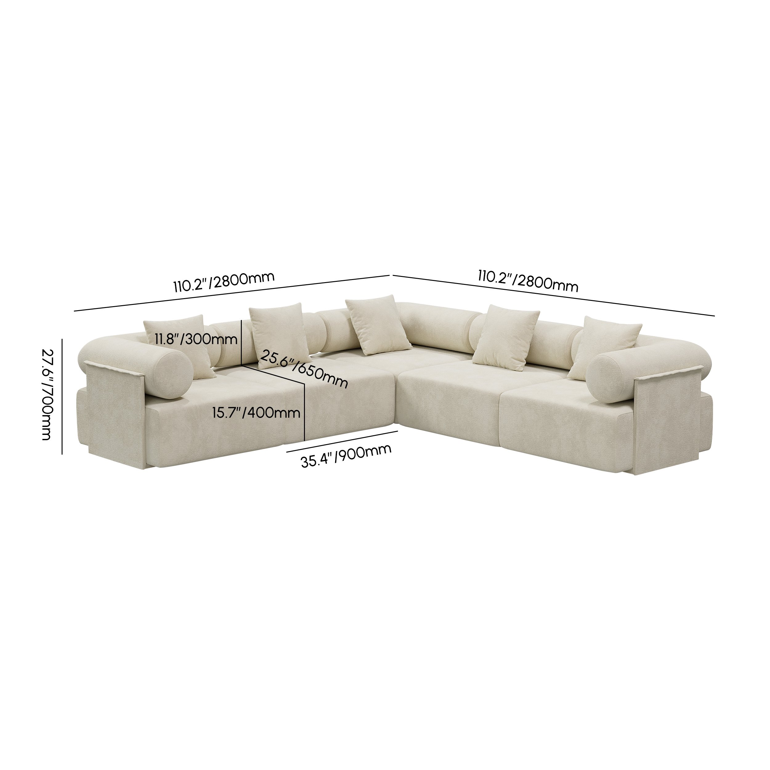 HMR 110" 5-Piece Modular White Velvet L-Shape Sectional Sofa & Wooden Coffee Table - Beige, Style A