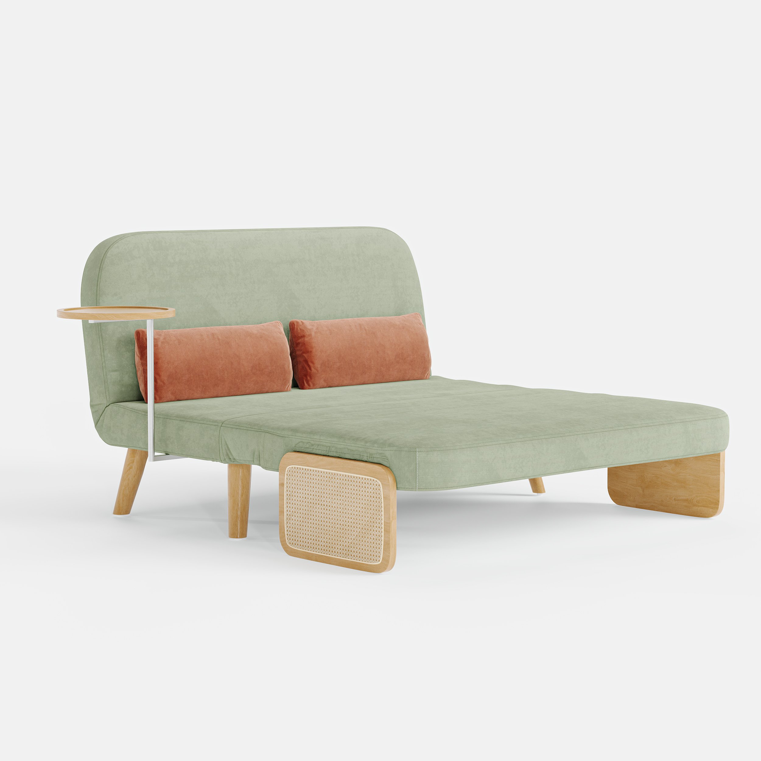 HMR Velvet & Rattan Sleeper Sofa with Tray - Green, Full Size