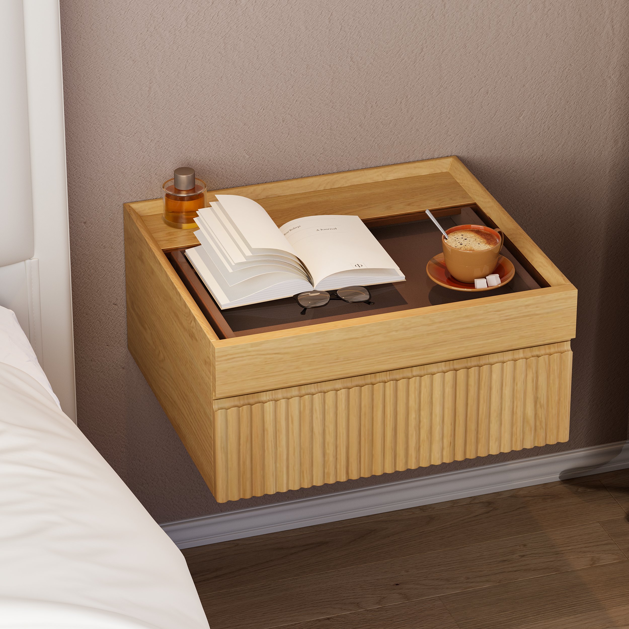 HMR Modern Floating Nightstand with Glass Top & Jewelry Storage Bedside Table - Natural, Single