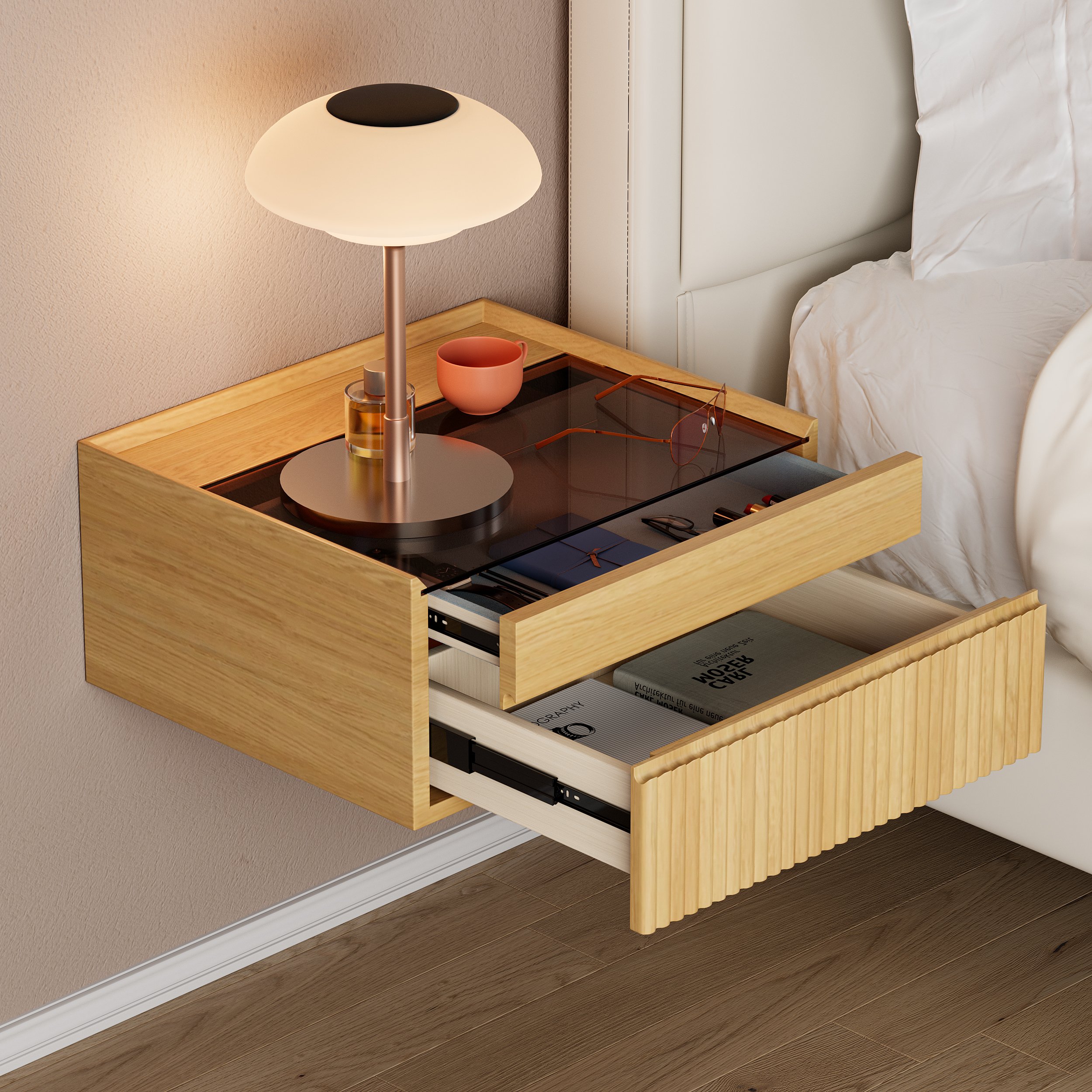 HMR Modern Floating Nightstand with Glass Top & Jewelry Storage Bedside Table - Natural, Single