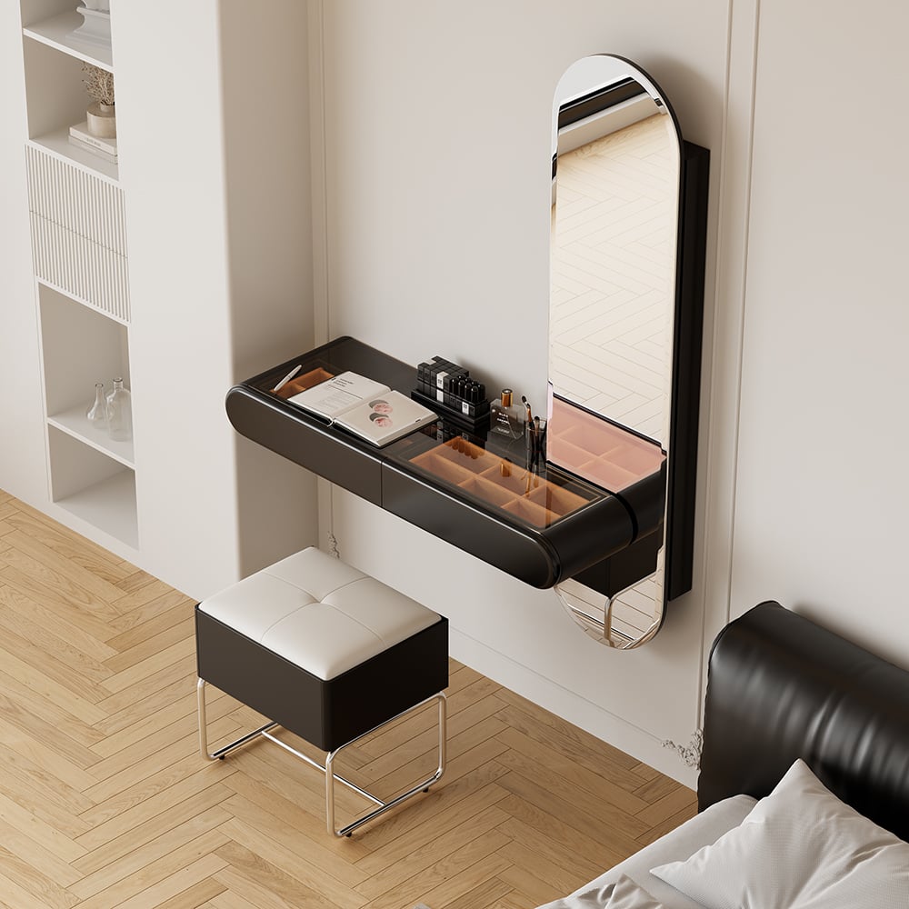 HMR - Modern Black Makeup Vanity Set Mirrored Dressing Table with Jewelry Storage & Glass Top