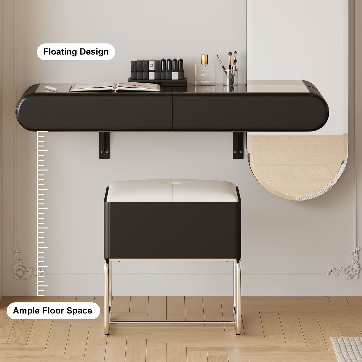 HMR - Modern Black Makeup Vanity Set Mirrored Dressing Table with Jewelry Storage & Glass Top