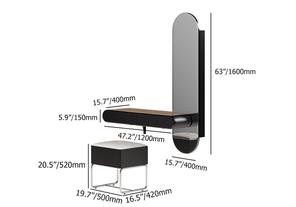 HMR - Modern Black Makeup Vanity Set Mirrored Dressing Table with Jewelry Storage & Glass Top