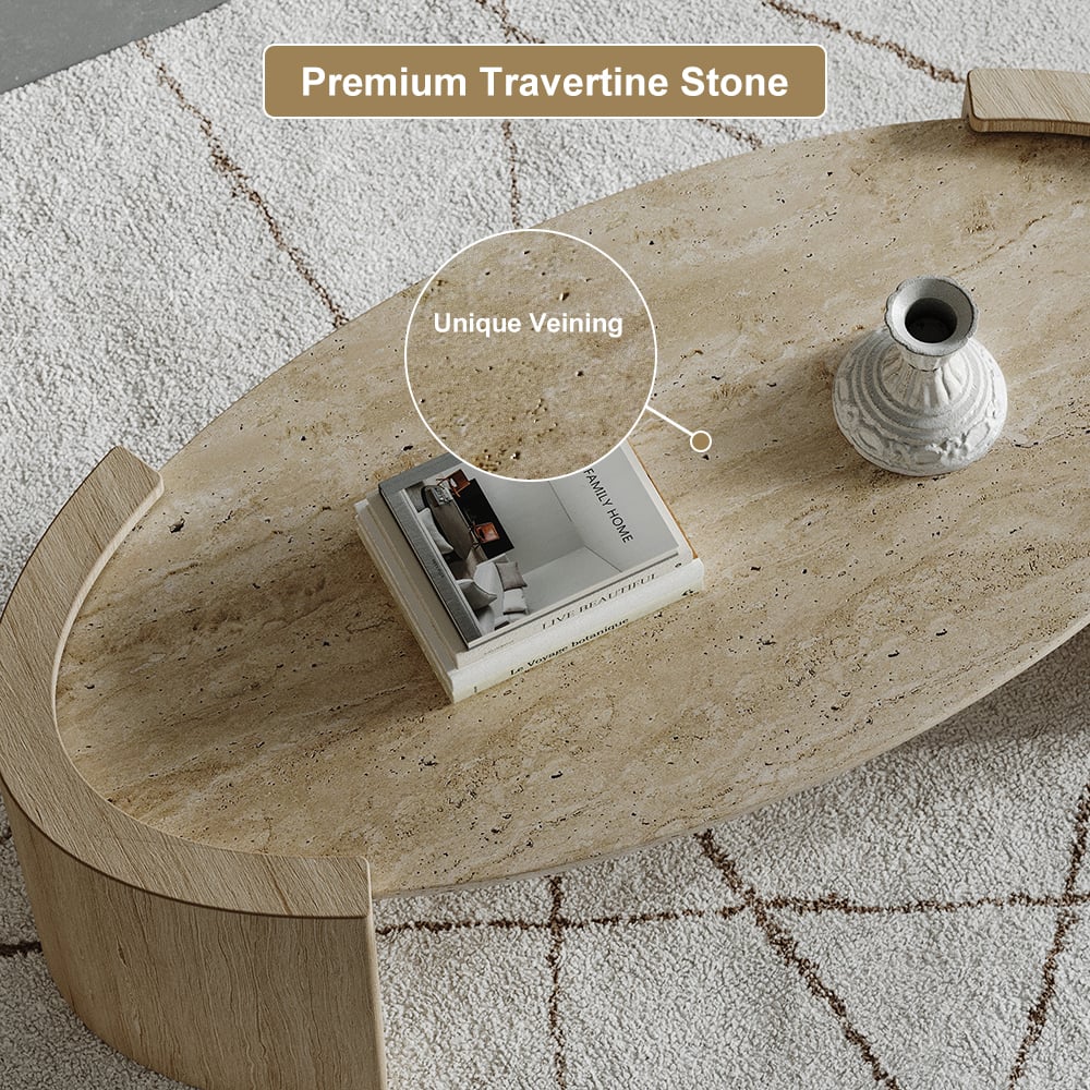 HMR - 43" Japandi Oval Travertine Stone Top Coffee Table
