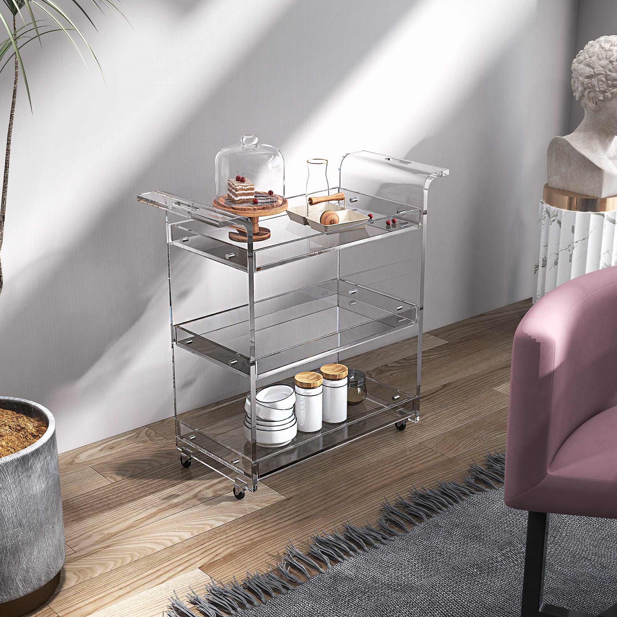 HMR - 27.6" Modern Acrylic Bar Cart with Handles