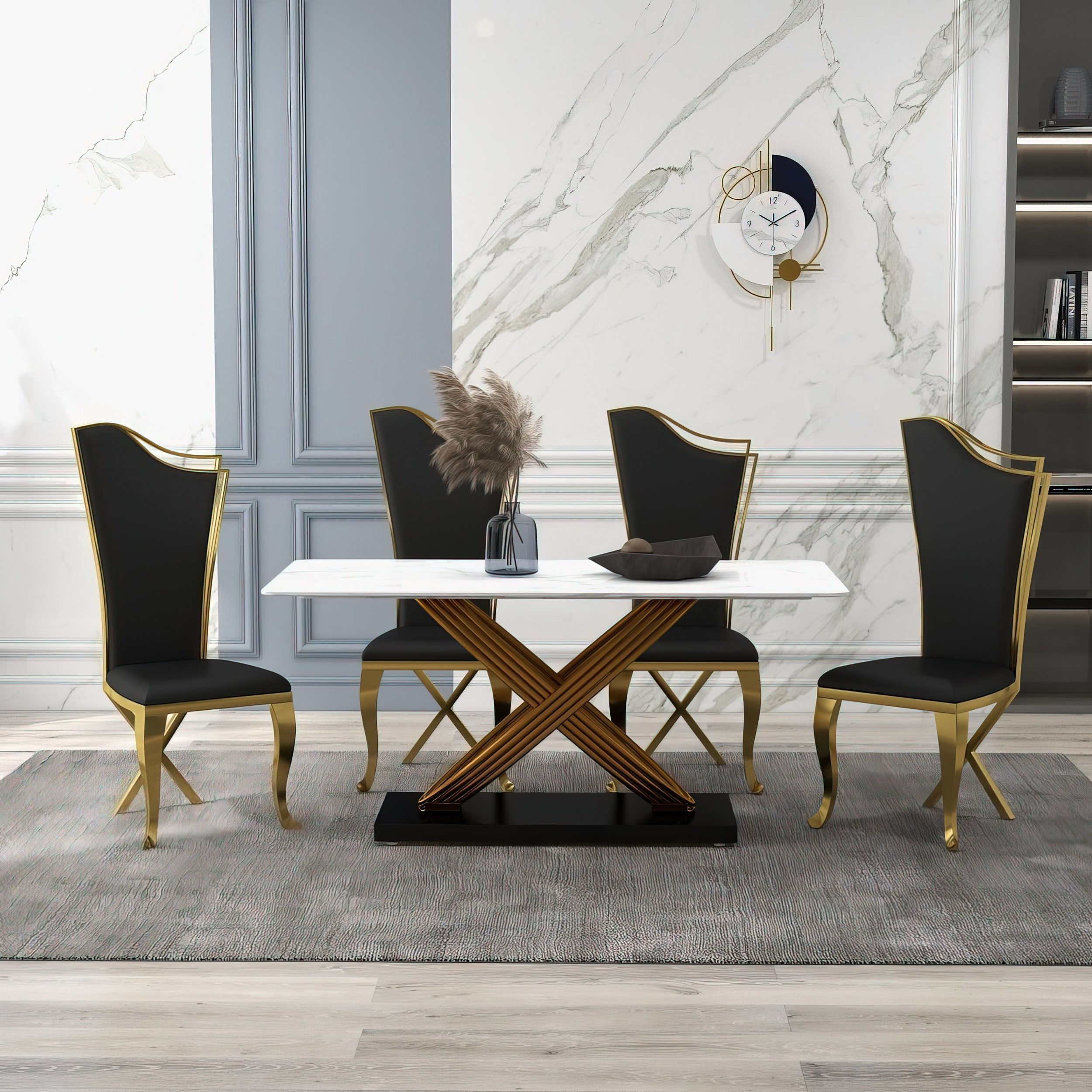 HMR Affordable Luxury Modern Dining Chairs with PU Leather Upholstery (Set of 2) - Black/Gold