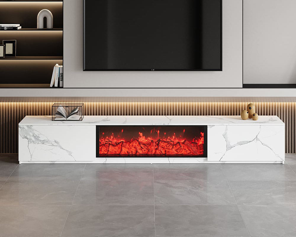 HMR Electric Fireplace TV Stand with 2 Drawers - White, MDF, 70.9"W×15.4"D×15.4"H