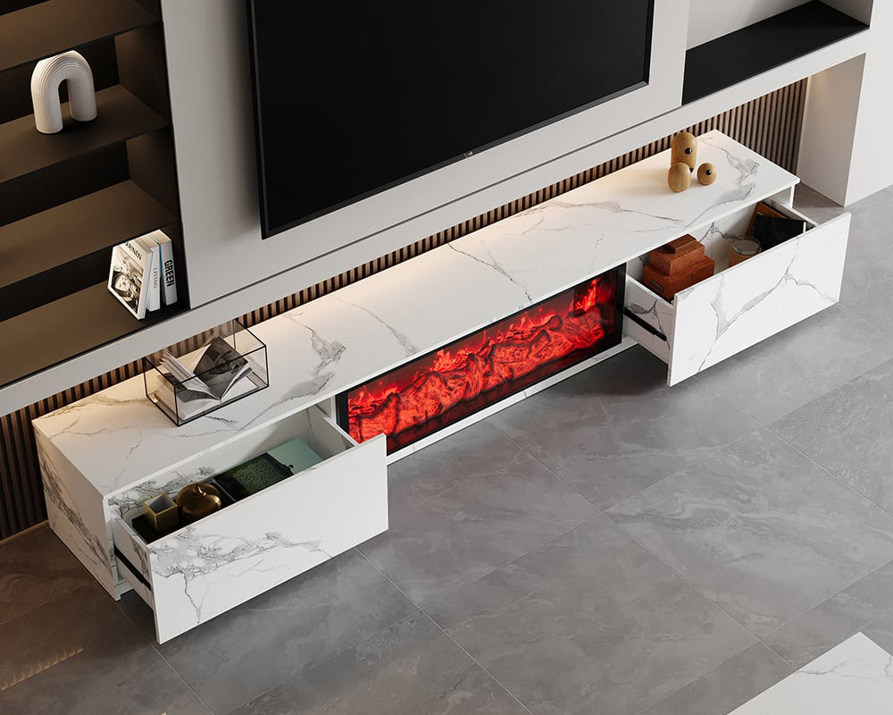 HMR Electric Fireplace TV Stand with 2 Drawers - White, MDF, 70.9"W×15.4"D×15.4"H