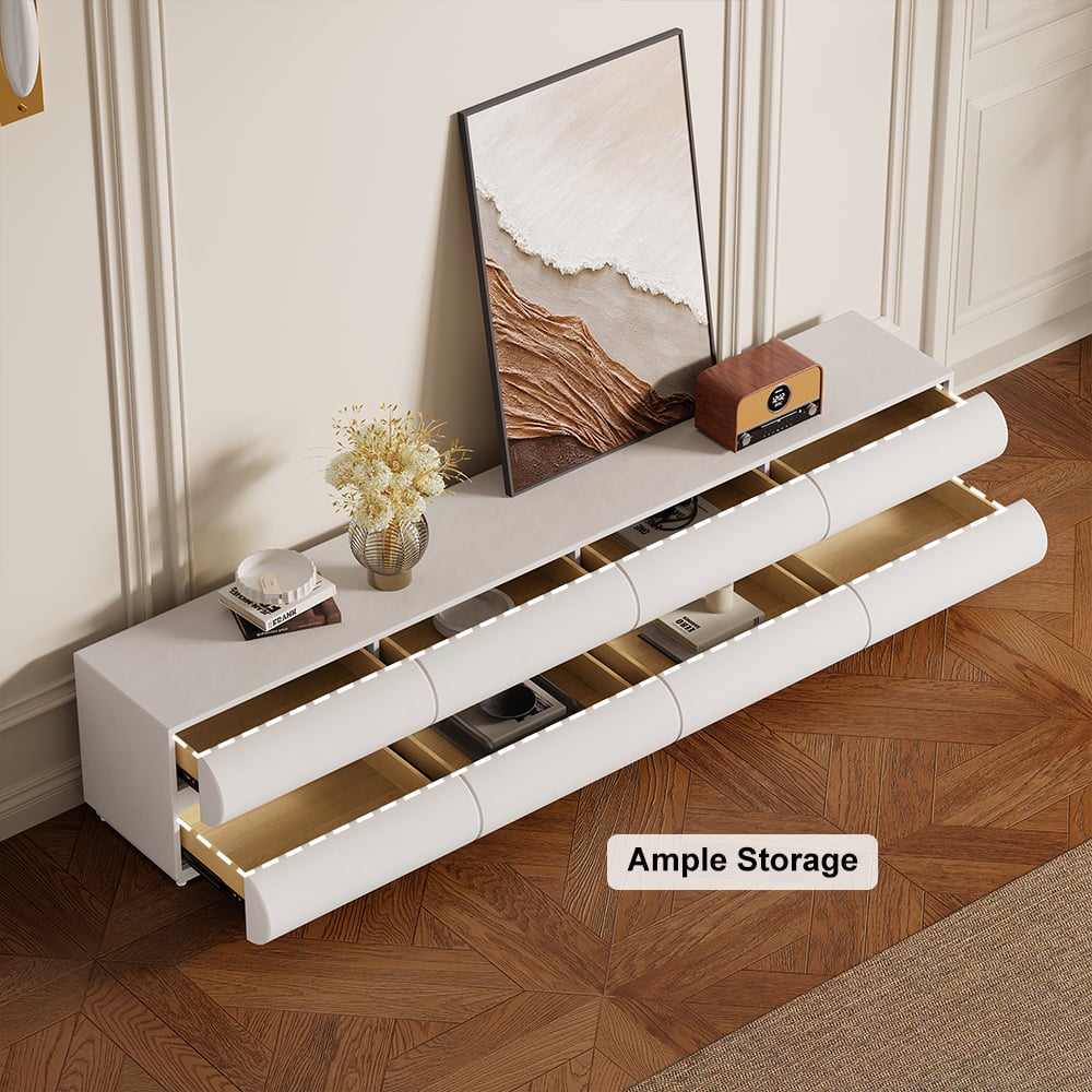 HMR - Humply 78.7" Modern White Leather Long TV Stand with 8 Drawers Media Console