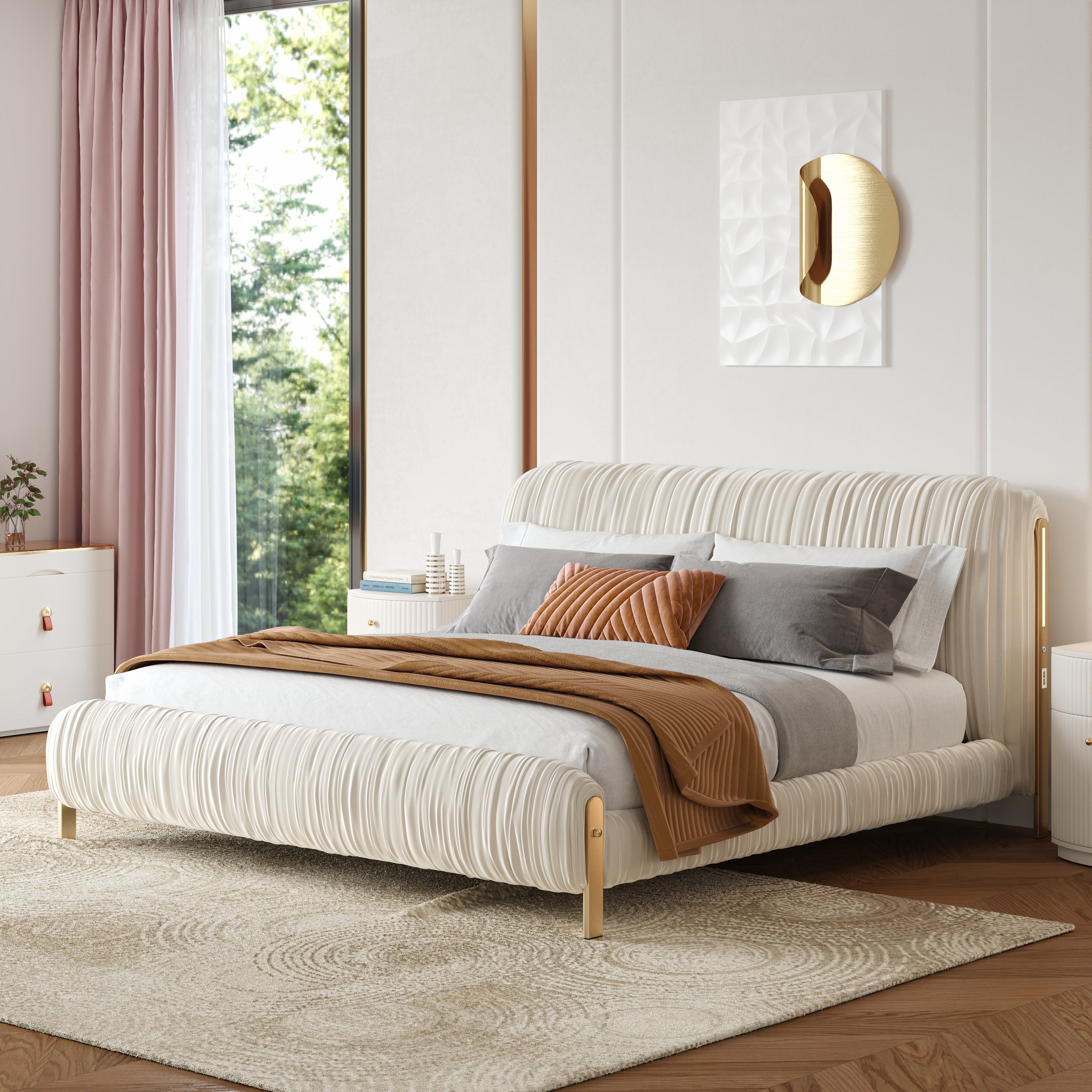HMR - King Size Velvet Ruched Upholstered Bed Frame with Headboard & 2 Fluted Nightstands Set