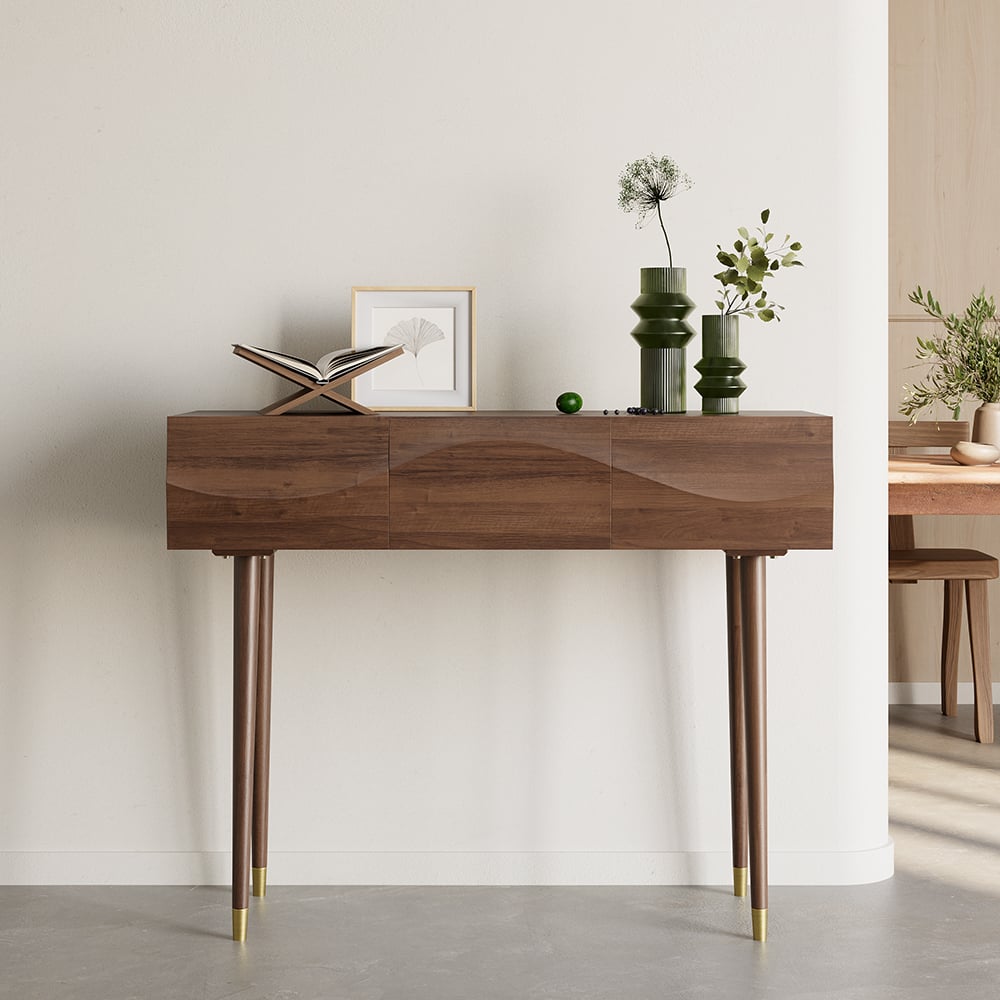 HMR - Lake Mid Century Walnut Console with 3 Drawers Solid Wood Entryway Table with Storage