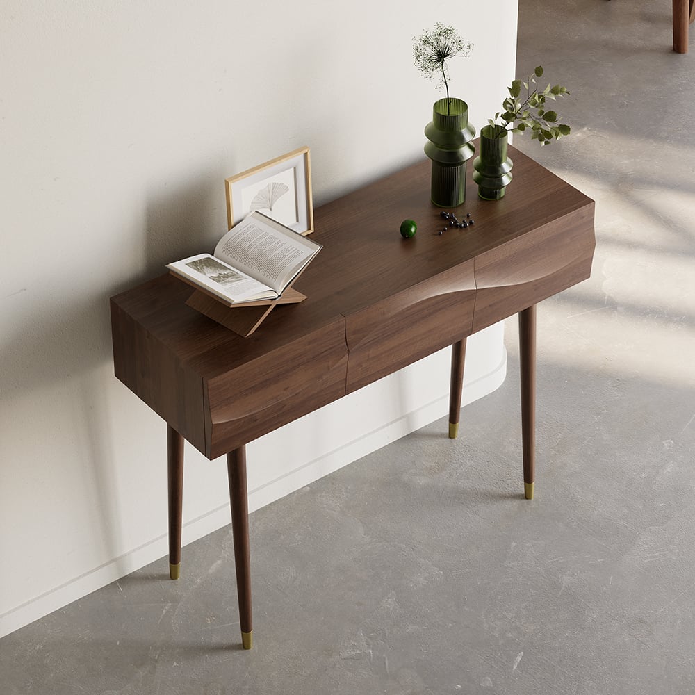 HMR - Lake Mid Century Walnut Console with 3 Drawers Solid Wood Entryway Table with Storage