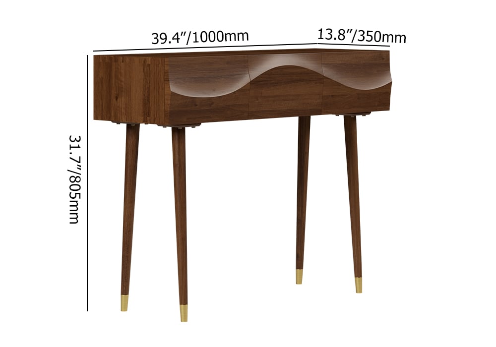 HMR - Lake Mid Century Walnut Console with 3 Drawers Solid Wood Entryway Table with Storage