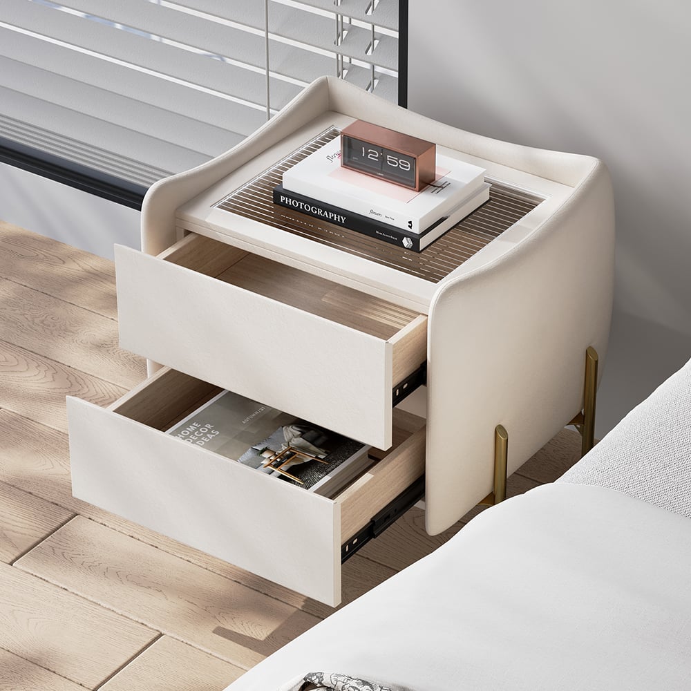 HMR - Modern White 2 Drawer Leather Nightstand Bedside Table with Glass Top