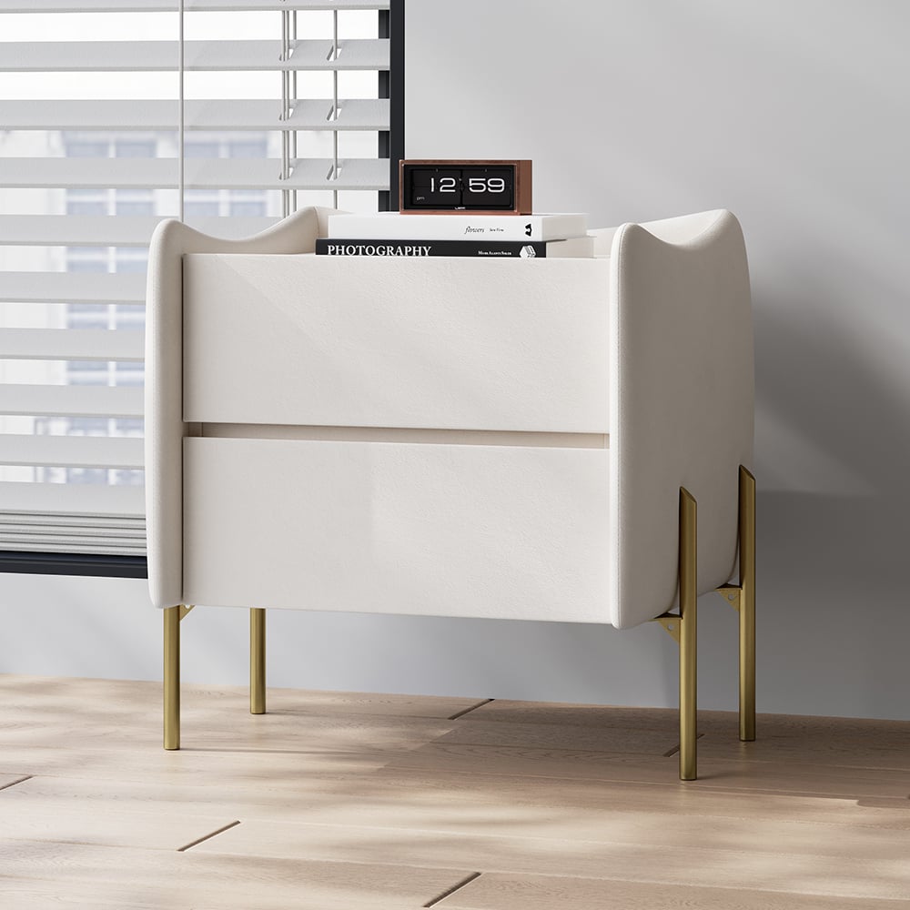 HMR - Modern White 2 Drawer Leather Nightstand Bedside Table with Glass Top