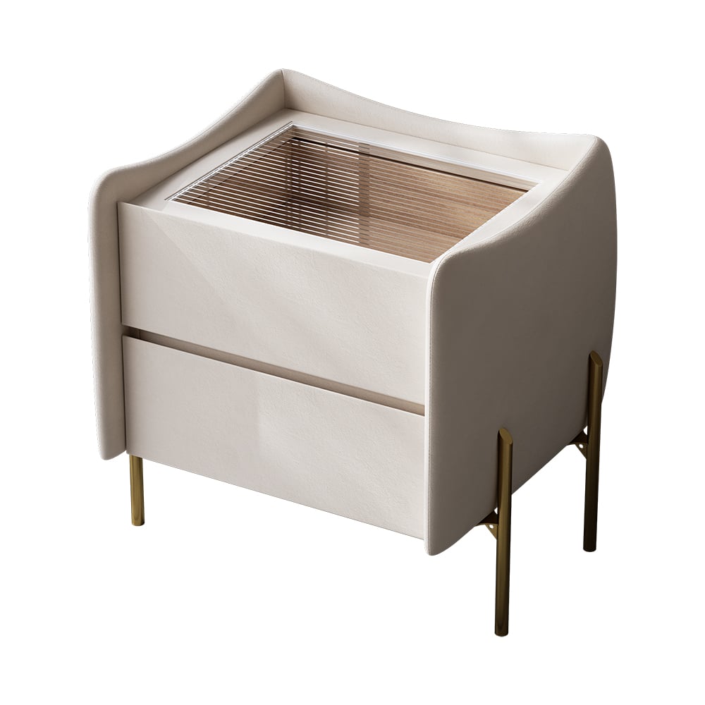 HMR - Modern White 2 Drawer Leather Nightstand Bedside Table with Glass Top