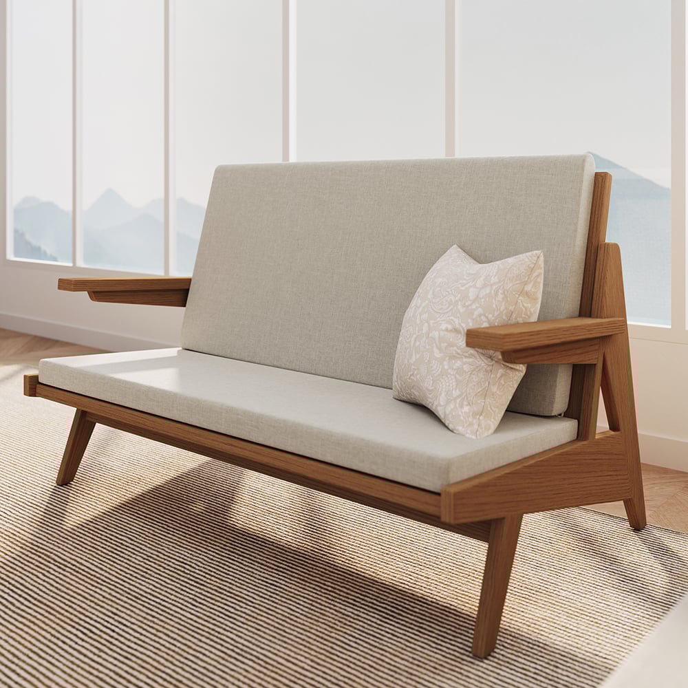HMR - 51" Rattan 2-Seater Sofa Japandi Ash Wood Loveseat with White Cushion in Walnut