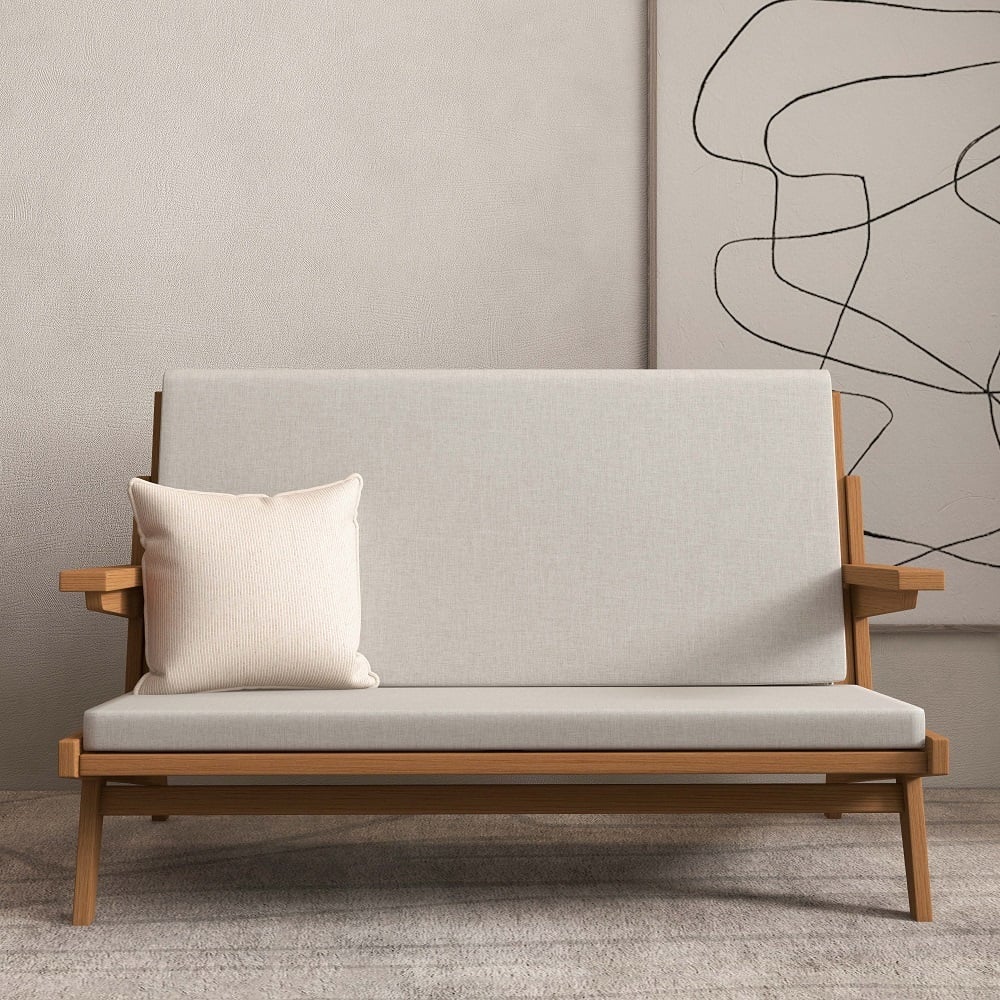 HMR - 51" Rattan 2-Seater Sofa Japandi Ash Wood Loveseat with White Cushion in Walnut