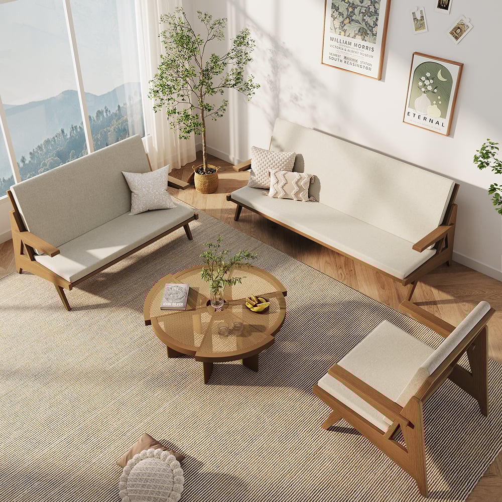 HMR - 51" Rattan 2-Seater Sofa Japandi Ash Wood Loveseat with White Cushion in Walnut