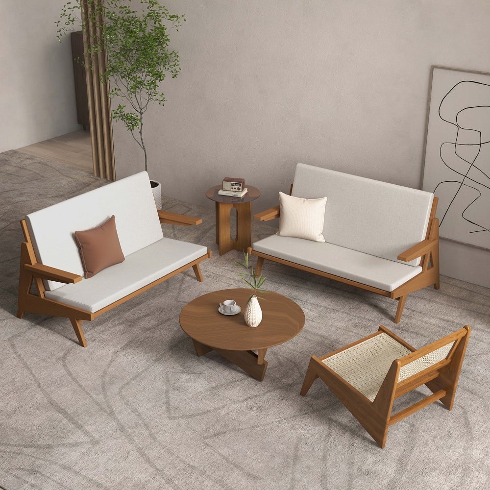 HMR - 51" Rattan 2-Seater Sofa Japandi Ash Wood Loveseat with White Cushion in Walnut